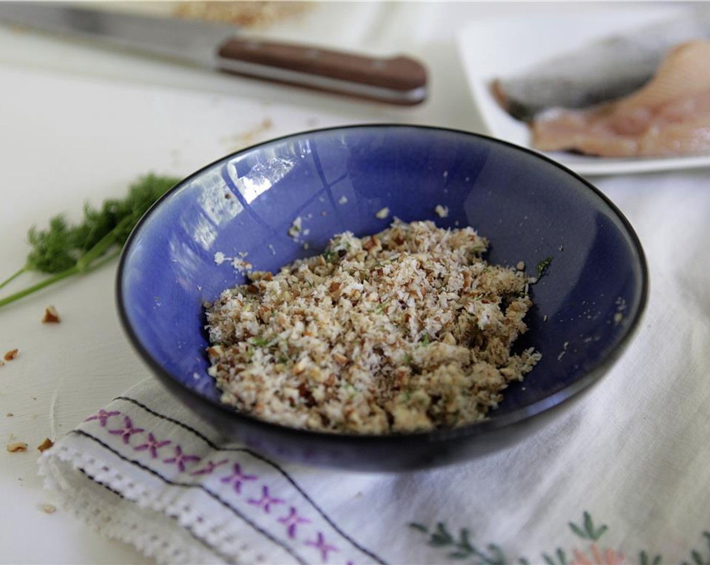 step 11 Place the Pecans (4 Tbsp), Panko Breadcrumbs (2 Tbsp), Fresh Dill (1 tsp), Kosher Salt (1 pinch), and Ground Black Pepper (to taste) into a small bowl and stir to combine.