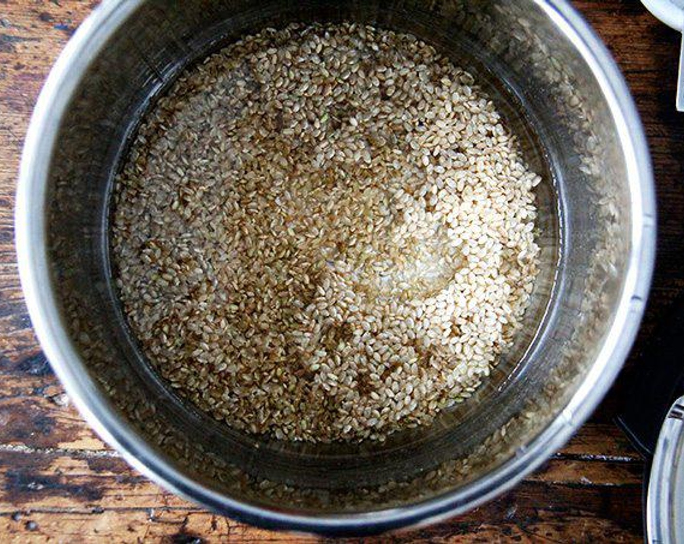 step 1 Into the pot place: Water (1 1/2 cups), Short Grain Brown Rice (1 cup) and Kosher Salt (2 tsp). Set the Instant Pot for 22 minutes, high pressure. Once the 22 minutes is up, let the valve release on its own.
