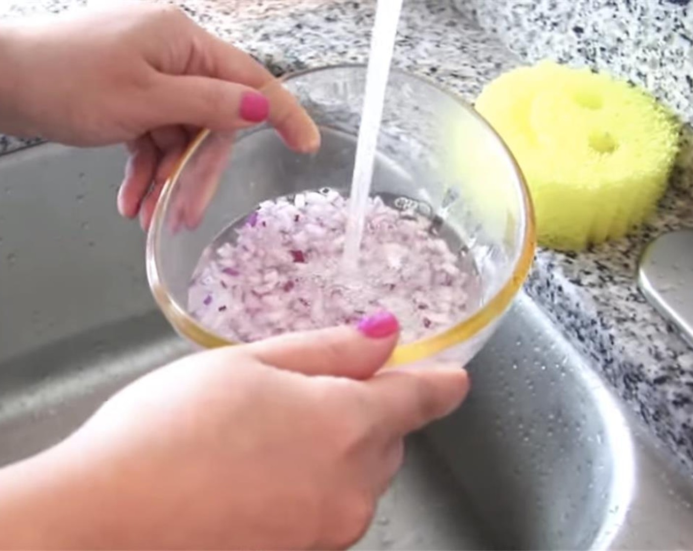 step 1 Add Onion (1/2) to a bowl of hot water for 30 seconds, then drain. Add to a bowl of cold water for 30 seconds, then drain. This removes the spicy bite of the raw onion.