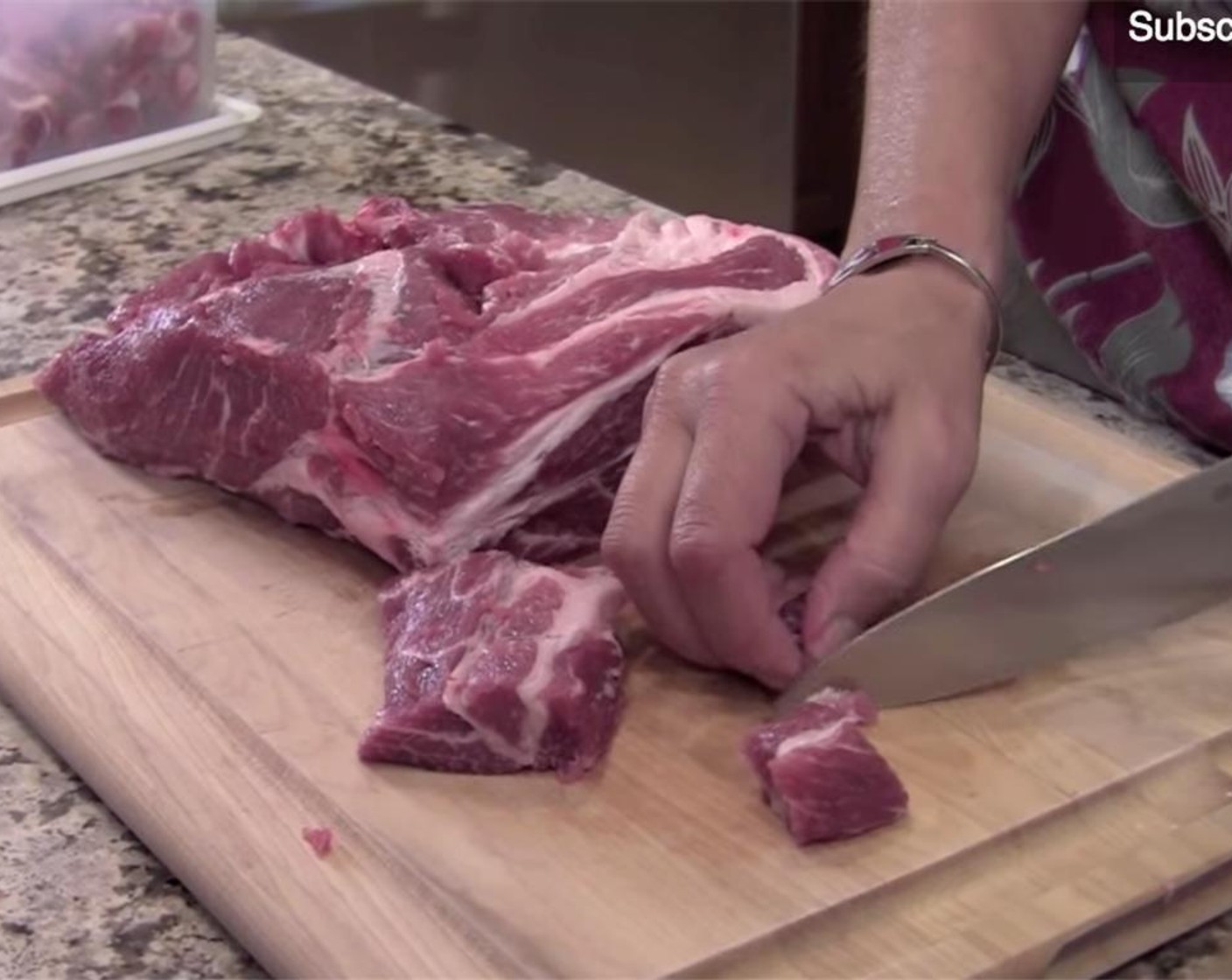 step 2 Cover, and simmer on low while you cut the Boneless Pork Shoulder (7 lb) into 1 inch cubes. Trim as much fat off as you can. Add pork to the boiling sauce. Partially cover, and simmer for 2-3 hours, or until very tender.