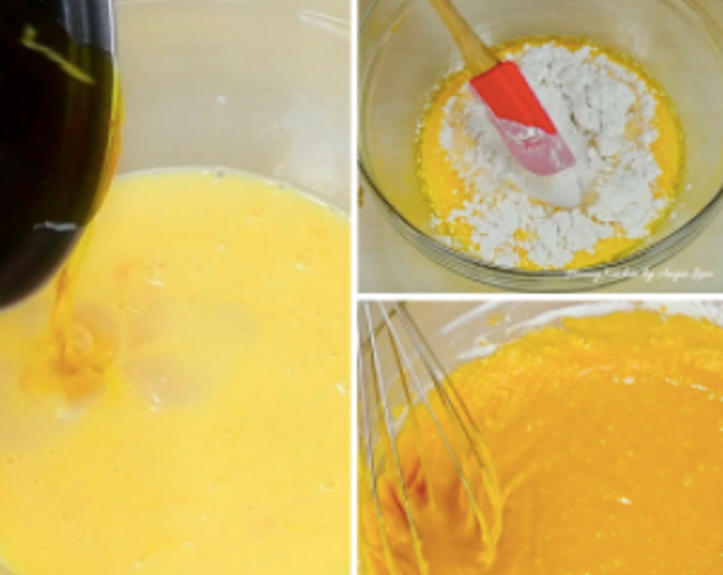 step 5 Start by making the batter. First, mix in cooled caramel into the WET egg mixture. Then mix in the DRY flour mixture. Continue to add alternately in 3 batches until a smooth batter is formed.