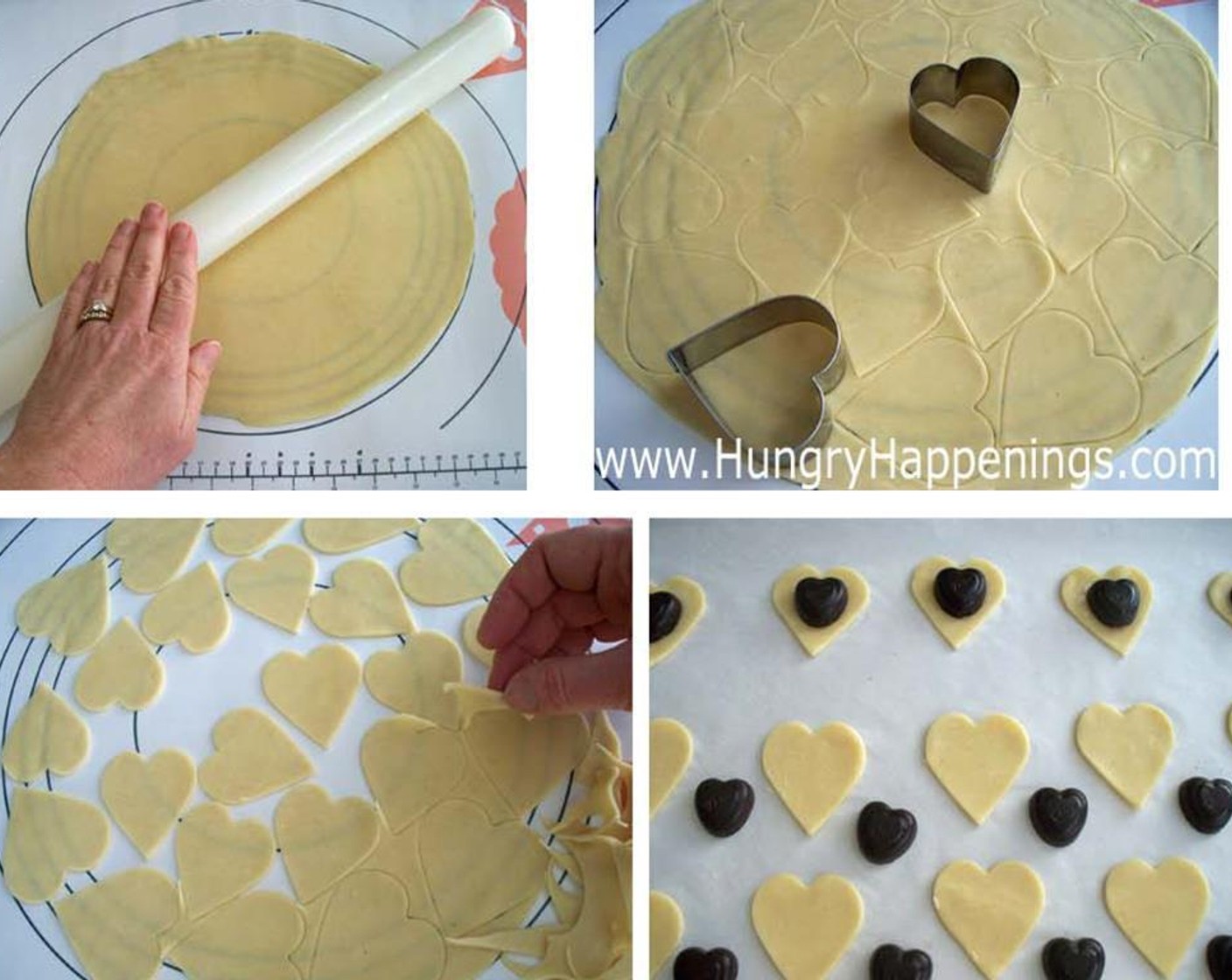 step 3 Cut 15 large hearts using a 2.5 inch cookie cutter and 15 small hearts using the 2 inch cutter, re-rolling the dough as needed. Set the 15 small hearts on the prepared baking sheet.