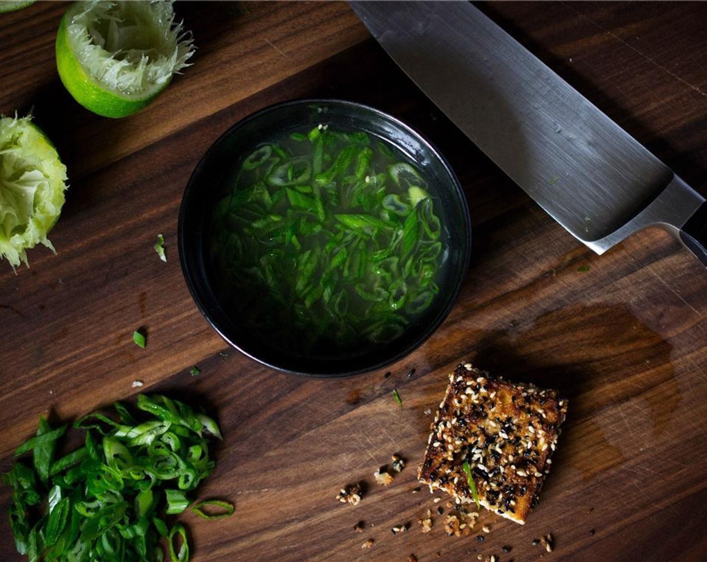 step 12 As the tofu is cooling, make the dipping sauce by combining juice from Limes (2), Fish Sauce (2 Tbsp), Mirin (2 tsp) and Scallions (2 Tbsp) in a small bowl.