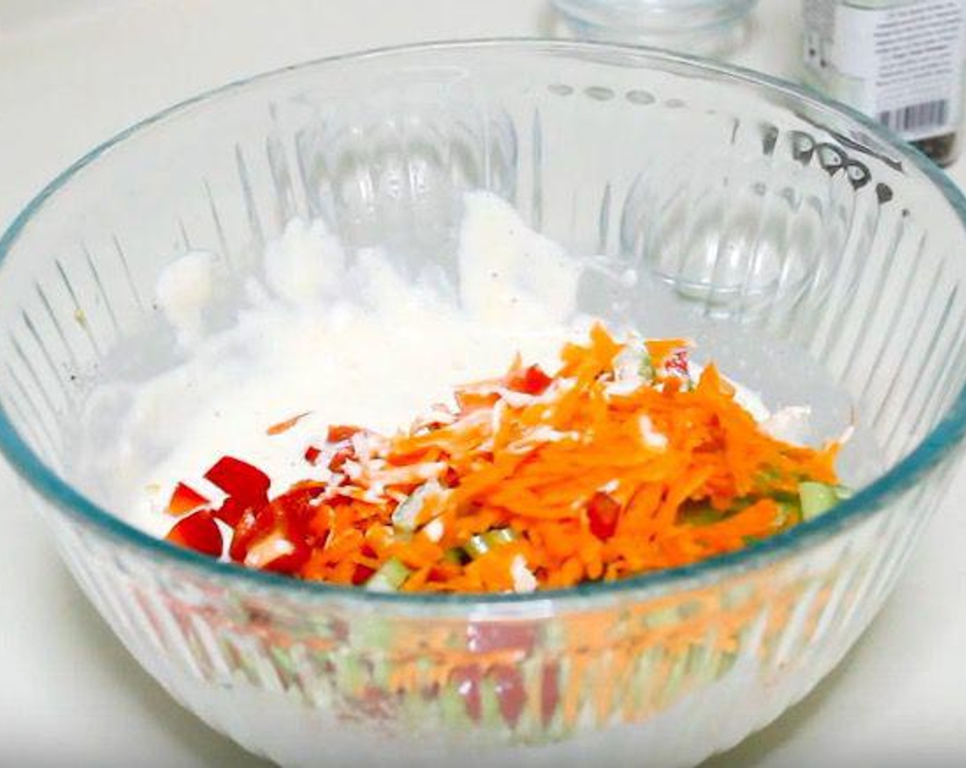 step 3 To the dressing, add Celery (1/3 cup), Red Bell Pepper (1/2 cup), Onions (4 Tbsp), and Carrot (1/3 cup). Store in fridge until pasta is ready.