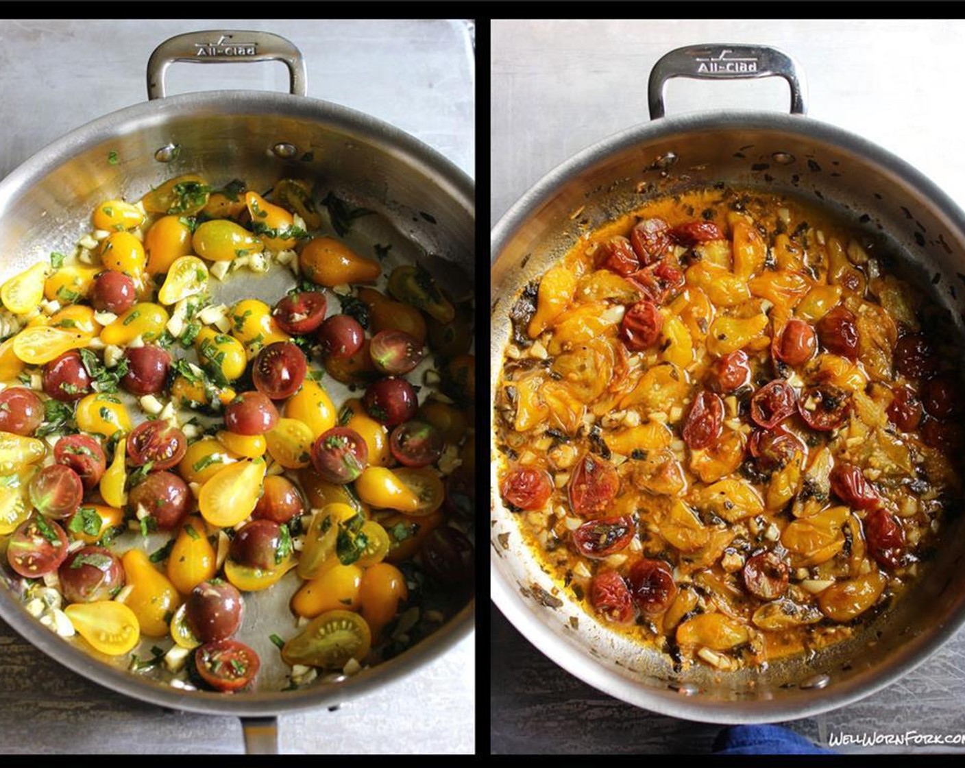 step 2 Mix Cherry Tomatoes (3 cups), Garlic (7 cloves), Fresh Basil (2 Tbsp), Fresh Sage (1 Tbsp), Olive Oil (4 Tbsp), Salt (to taste), and Ground Black Pepper (to taste) in a sauté pan and put it in the oven for 35 minutes. Make sure to stir a few times during cooking.