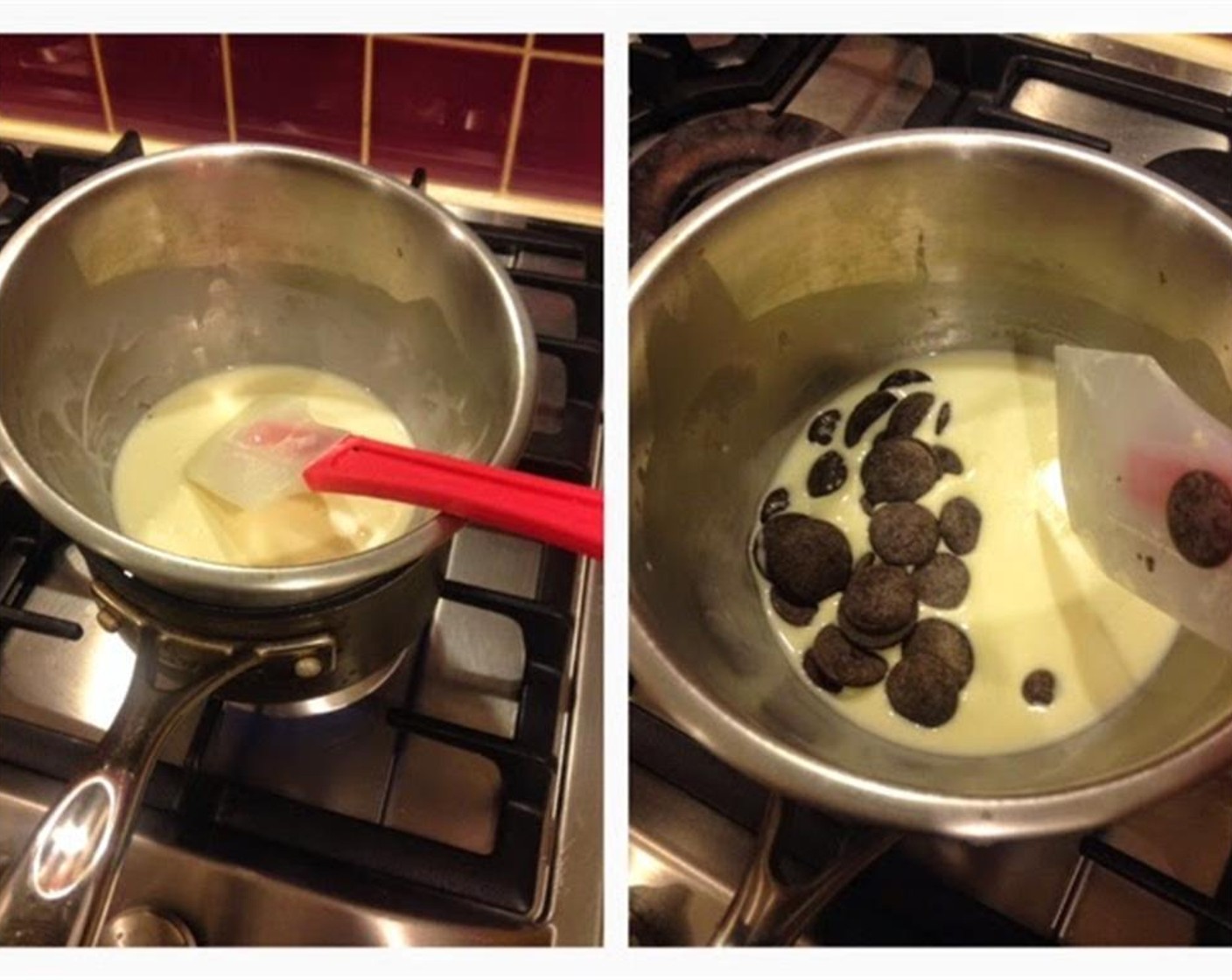 step 13 Make Chocolate ganache: use a double boiler to heat up the Thickened Cream (1/3 cup) and Milk (1 1/3 Tbsp). When the milk become warm to touch then add in Dark Chocolate (1/3 cup).