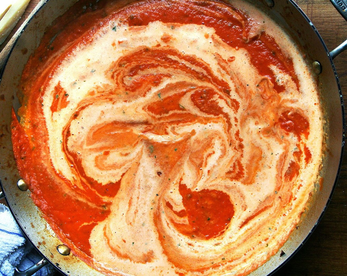 step 7 Reheat the sauce, add Fresh Basil (2 Tbsp) and Heavy Cream (4 Tbsp) to make the sauce a creamy consistency — start with a quarter cup; taste; add more as necessary. Add Kosher Salt (to taste) and Fresh Ground Black Pepper ( to taste), and simmer for 10 minutes.