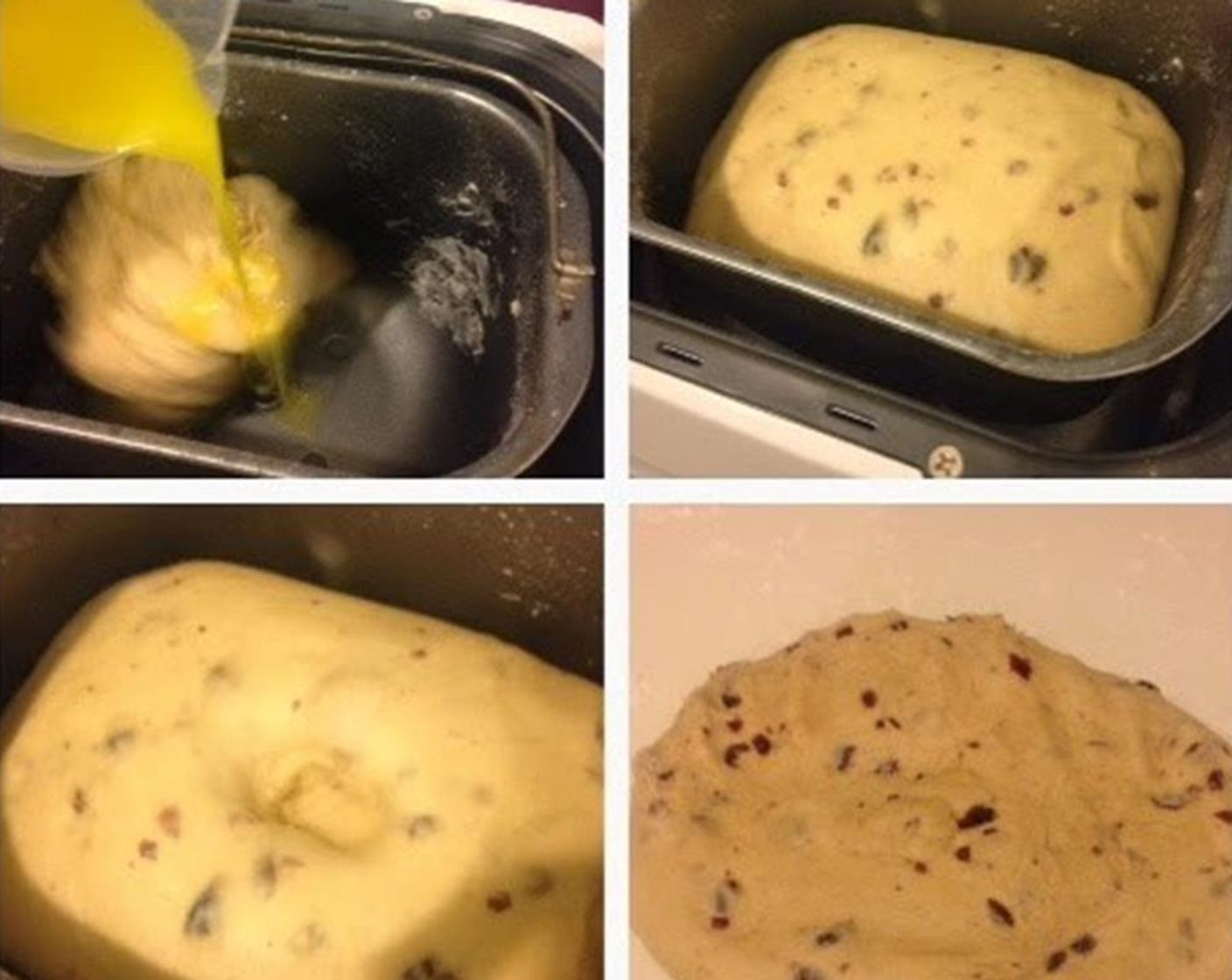 step 6 Select Dough mode in your bread machine. Once you see everything start to form a dough, pour in the melted Butter (1.5 oz) and Dried Cranberries (1/2 cup).