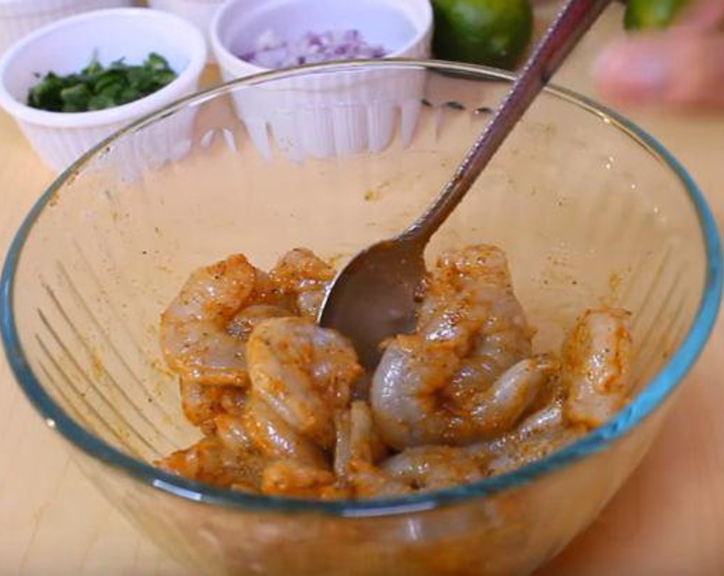 step 1 In a bowl, season the Shrimp (1 lb) with Old Bay® Seasoning (1 tsp), Garlic Powder (1/4 tsp), and Olive Oil (1 Tbsp).