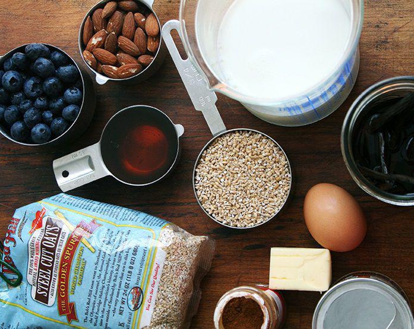 step 1 Preheat the oven to 375 degrees F (190 degrees C). In an 8 or 9-inch baking pan, mix together the Steel-Cut Oats (3/4 cup), the Sliced Almonds (1/2 cup), Baking Powder (1 tsp), Ground Cinnamon (1 tsp) and if using, and Fine Sea Salt (1/2 tsp). Place the Fresh Blueberry (3/4 cup) on top.