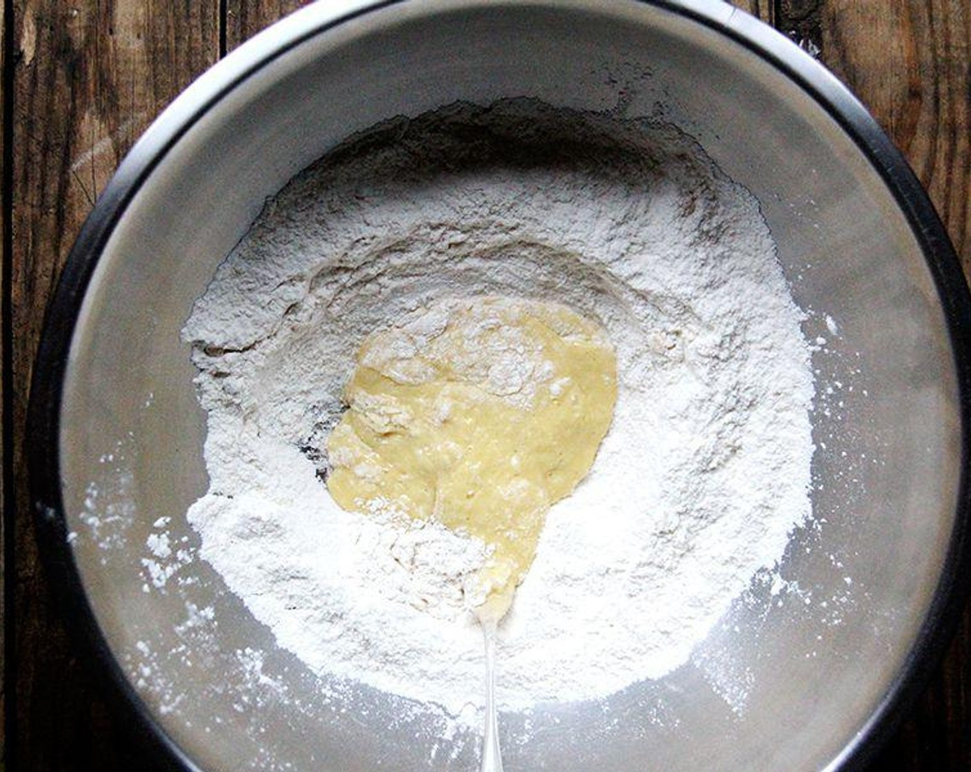 step 1 Whisk the All-Purpose Flour (2 1/2 cups), Granulated Sugar (2 Tbsp), Salt (1 tsp), Baking Powder (1 tsp), and Baking Soda (1 tsp) together in a large bowl. Add the Large Eggs (2) and beat with a fork till the eggs are whisked and incorporated into the surrounding flour, as if you were making pasta.