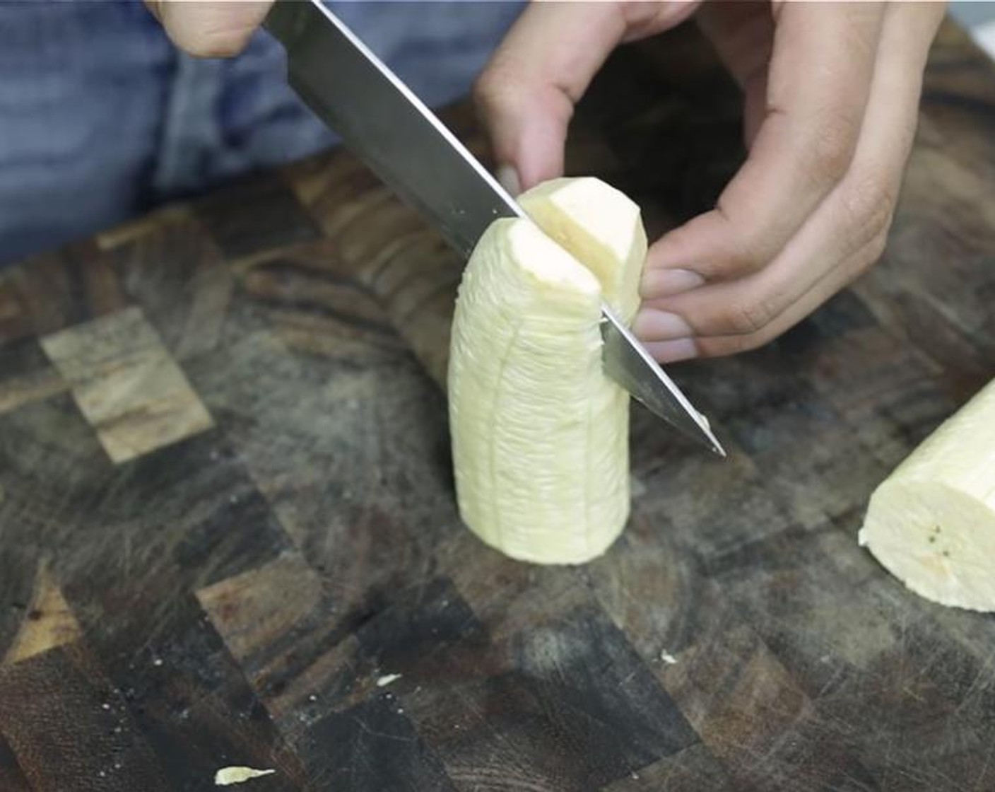 step 1 Peel the Plantains (4) and cut lengthwise, then divide each half into two.