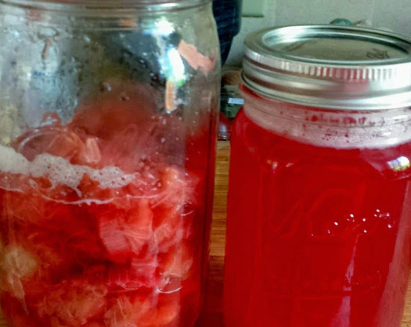 step 2 Set a mesh strainer over a bowl. Pour the rhubarb through the strainer until most of the liquid is in the bowl. Press the solids a bit with the back of a spoon to extract more syrup.
Pour into a clean jar. Refrigerate.