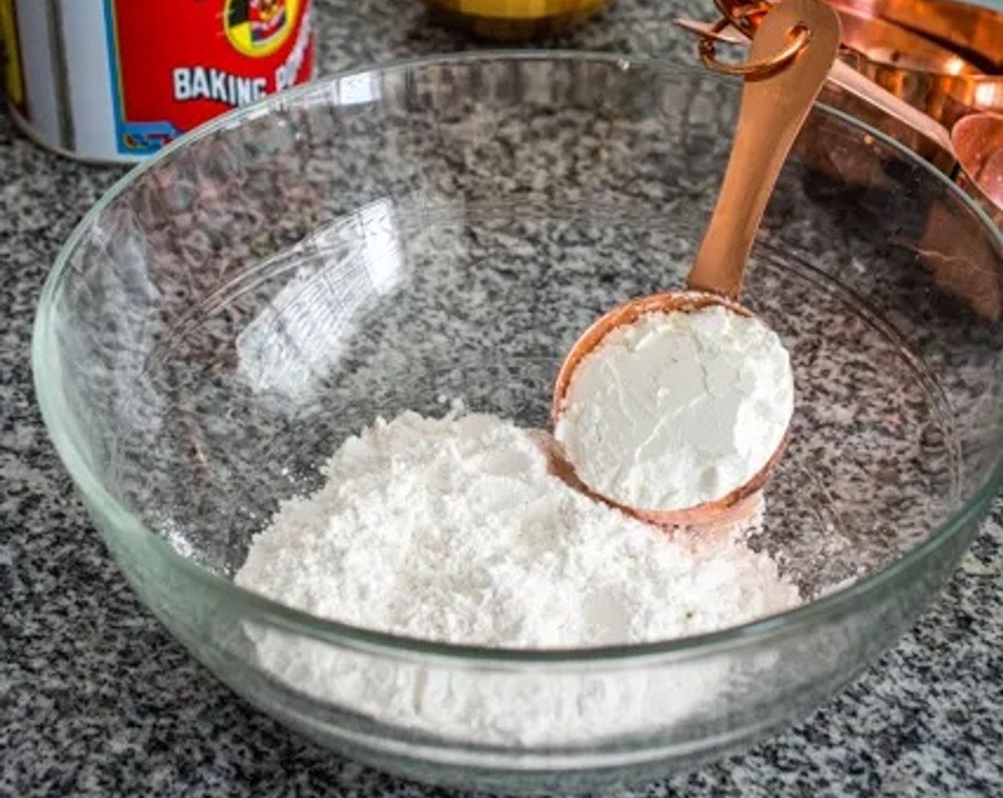 step 1 In a large bowl combine Rice Flour (1/2 cup), Corn Starch (4 Tbsp), Baking Powder (1 tsp), Sugar (1 tsp), and Salt (1/2 tsp).