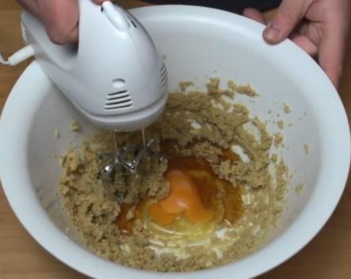 step 1 Using an electric mixer, mix together the Butter (4.5 oz) and Brown Sugar (2/3 cup). Then add in the Egg (1), and Maple Syrup (4 Tbsp). Mix everything together.