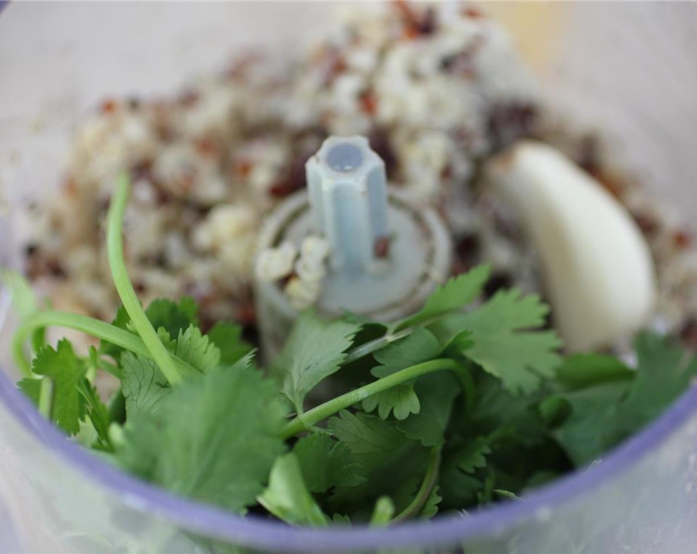 step 3 Add the Black Beans (1 can) (plus 1/2 cup more from a second can), Fresh Cilantro (1/2 cup), Fresh Spinach (2 cups), Garlic (2 cloves), Ground Coriander (1 tsp), Ground Cumin (1/2 tsp), and Onions (2 tsp) to a food processor. Blend until everything is incorporated.