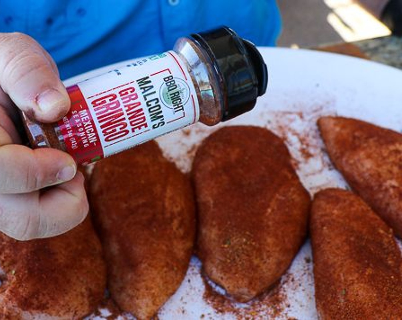 step 2 Season the Boneless, Skinless Chicken Breasts (4) with the Mexican Seasoning (1/2 cup) on all sides.