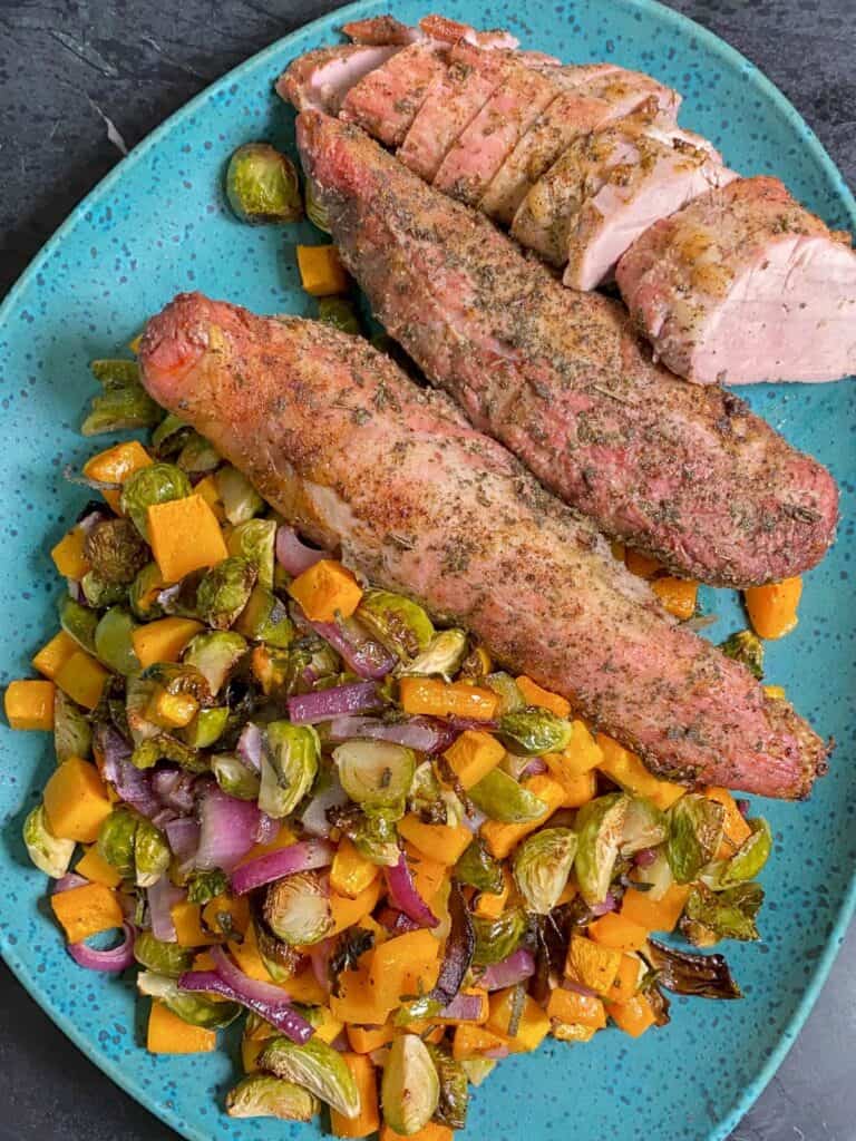 Roast pork tenderloin with autumn roasted vegetables