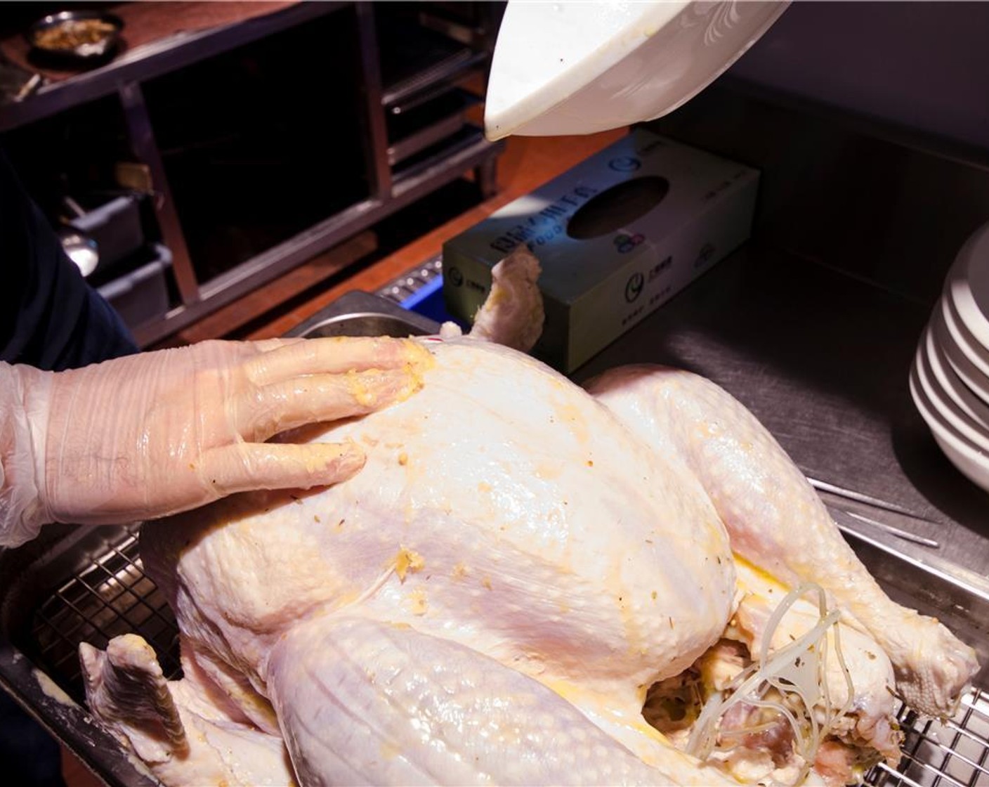 step 4 Prep the turkey for smoking by melting the Butter (4 Tbsp) in the microwave and pouring it all over the turkey. Make sure to rub butter into all the hard to reach crevices and corners.