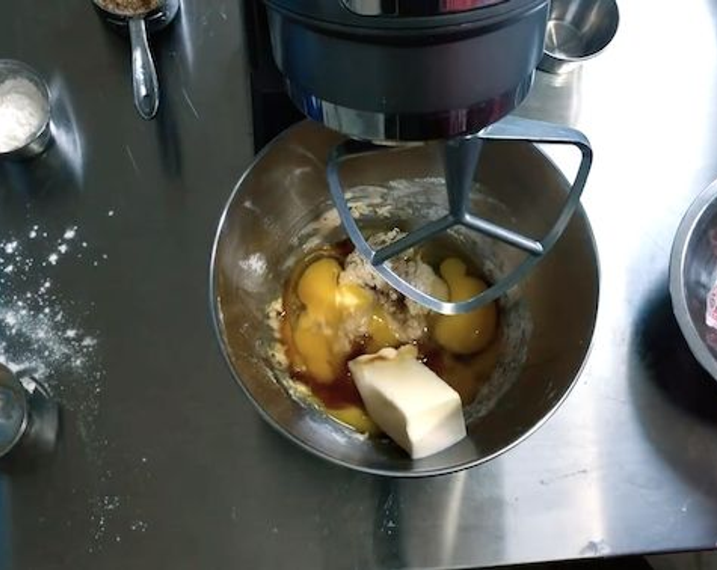 step 2 After it has rested add the Pineapple Juice (1/2 cup), Eggs (3), Brown Sugar (1/3 cup), Unsalted Butter (4 Tbsp), Vanilla Extract (1 tsp), and mix until completely combined.