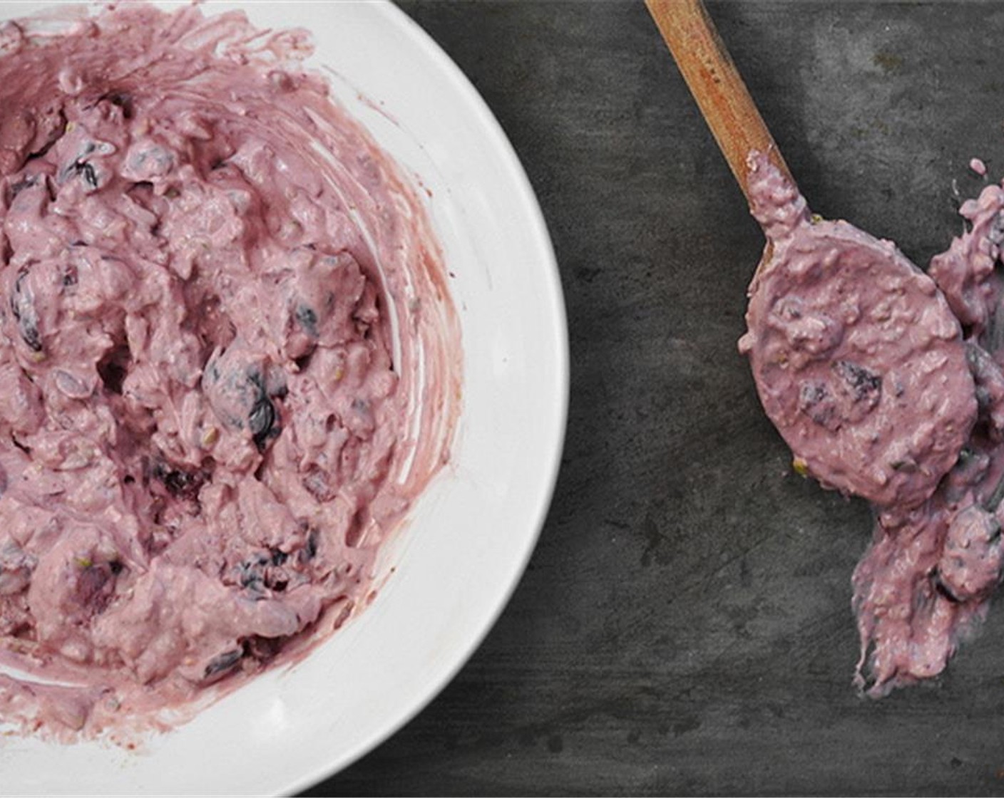 step 1 In a small bowl, stir together the Cream Cheese (1 cup), thawed Frozen Cherries (2 cups), Cherry Juice (2 Tbsp), Honey (3 Tbsp), Salt (1 pinch) and Pistachios (4 Tbsp). Mix until evenly combined and the mixture turns a light violet hue.