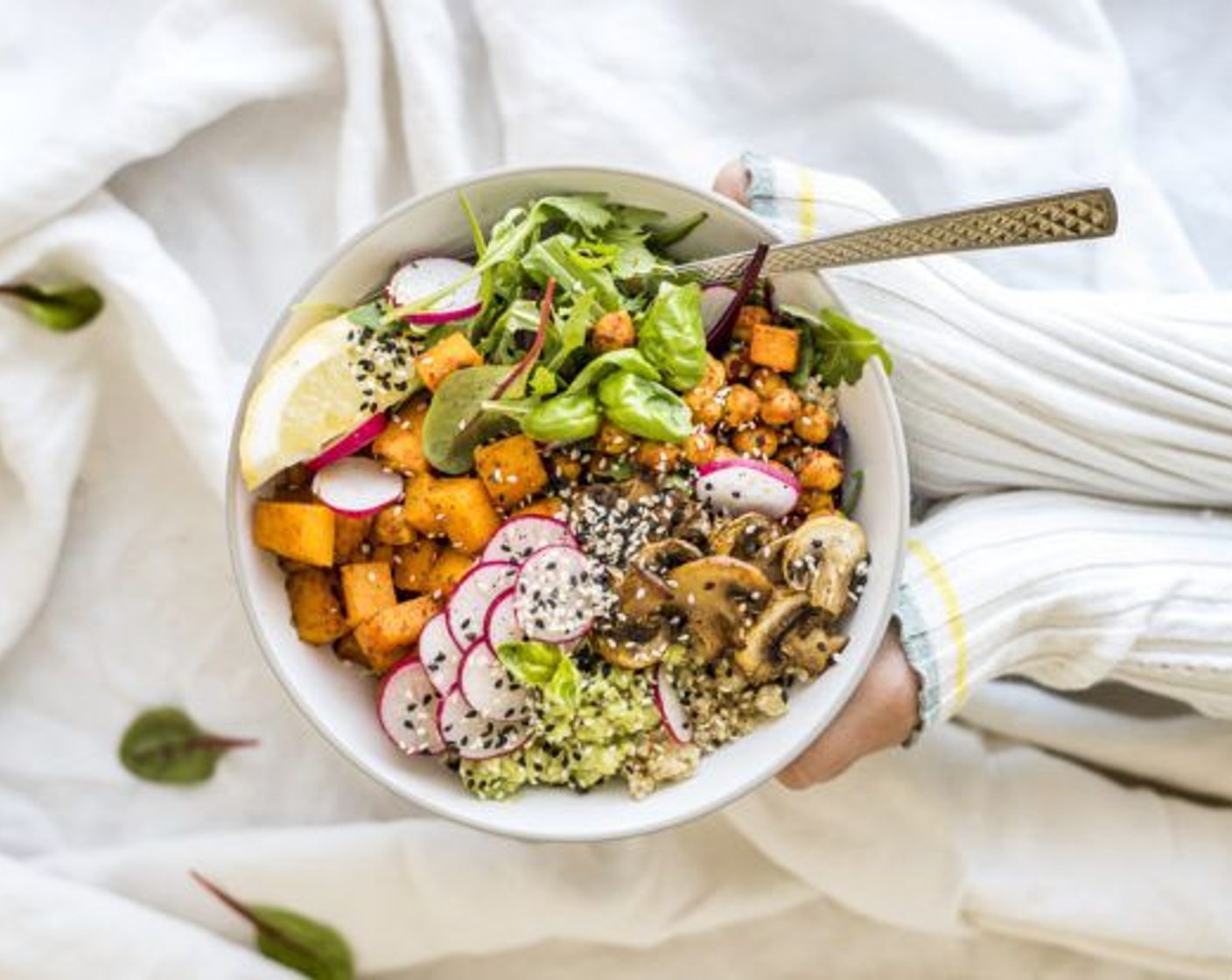 step 7 Serve it with cooked sweet potato, mushrooms, Canned Chickpeas (4 Tbsp), avocado mix, Radishes (4 slices), and Sesame Seeds (1 tsp). Enjoy!