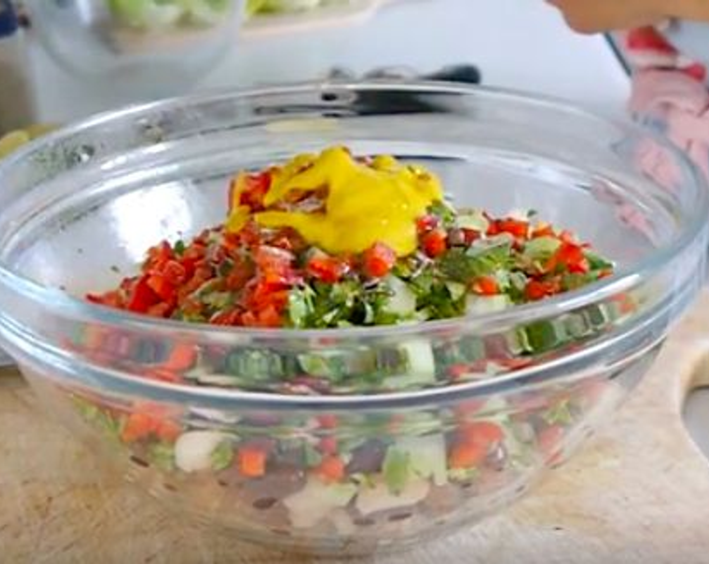 step 2 In a bowl, combine the Canned Cannellini White Kidney Beans (1 1/4 cups), Canned Red Kidney Beans (1 1/3 cups), Canned Pinto Beans (1 1/3 cups), Fresh Cilantro (4 Tbsp), Yellow Mustard (2 Tbsp), Extra-Virgin Olive Oil (1/3 cup), Red Chili Pepper (1/2), Cayenne Pepper (1 tsp), Salt (to taste) and Ground Black Pepper (to taste).