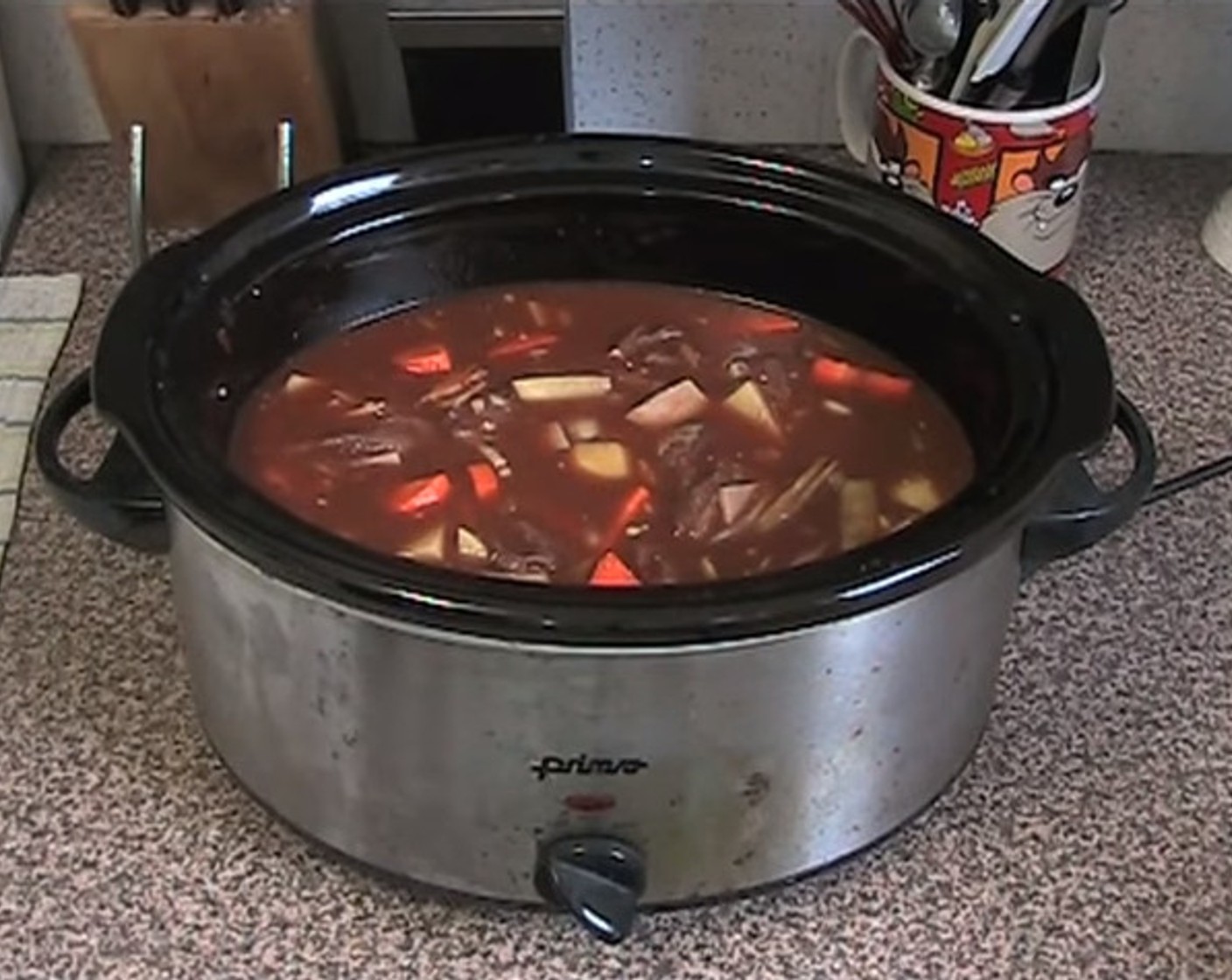 step 2 Add in Beef Stock (4 cups) and some Corn Starch (1 tsp) with water. Stir together and cook for 5 - 6 hours on low or 2 - 3 hours on high.