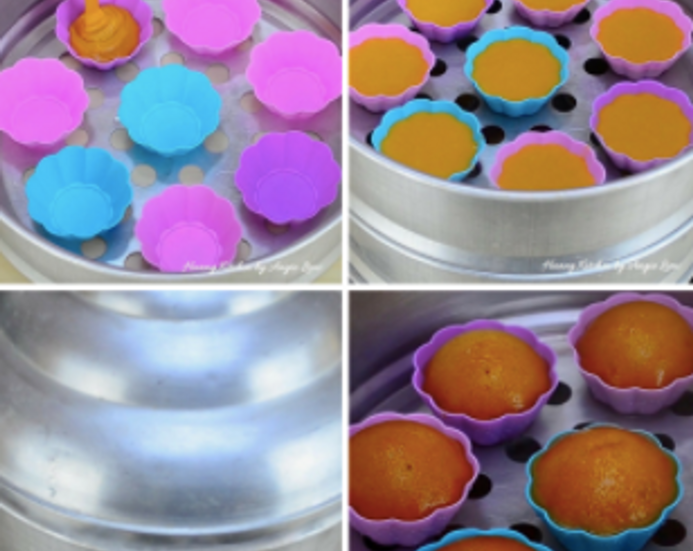 step 7 Pour batter into silicone or plastic moulds till 3/4 full. Arrange in steamer and steam over HIGH HEAT for 15 to 20 minutes.