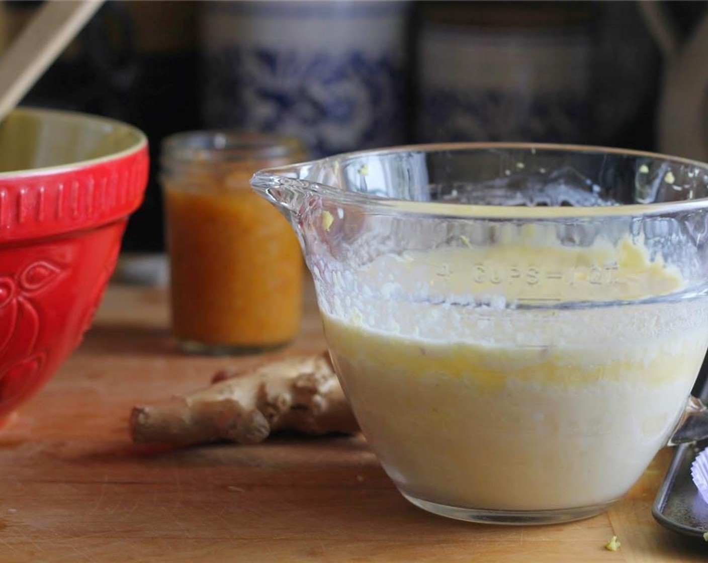 step 3 Put Eggs (2), Butter (1/2 cup), Sucanat (1 cup), Buttermilk (1 1/2 cups), Vanilla Extract (2 tsp), and Fresh Ginger (4 Tbsp) in a mixing bowl or measuring bowl and mix together well.