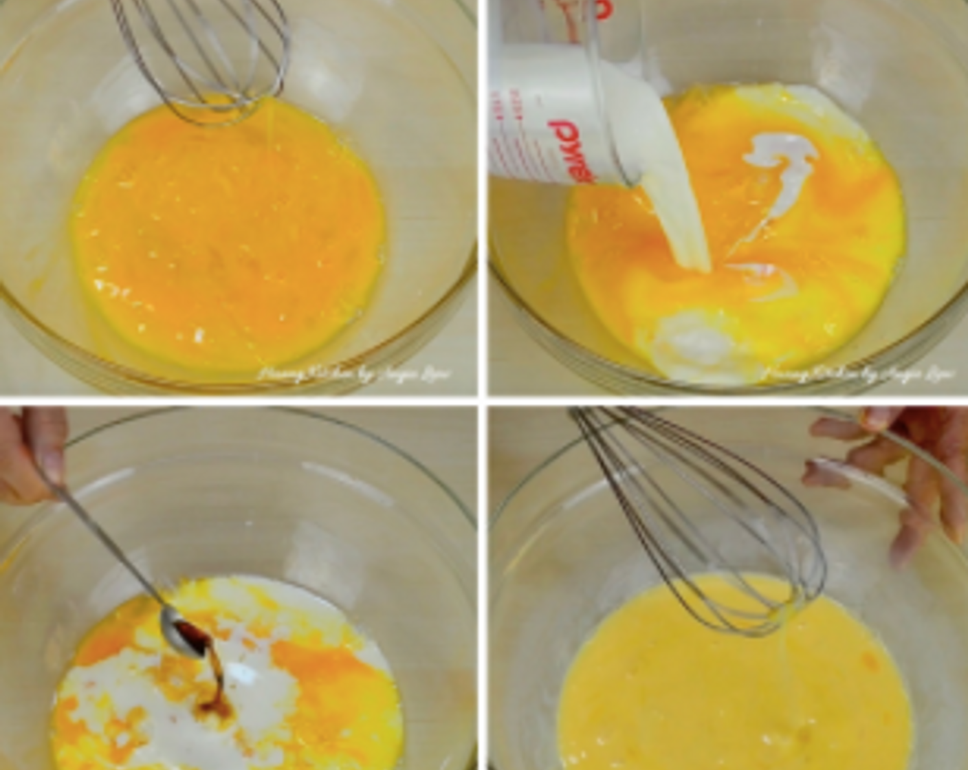step 4 Beat Large Eggs (3) with a whisk. Then pour in Milk (2/3 cup) and add Vanilla Essence (1 tsp). Stir well till combined.