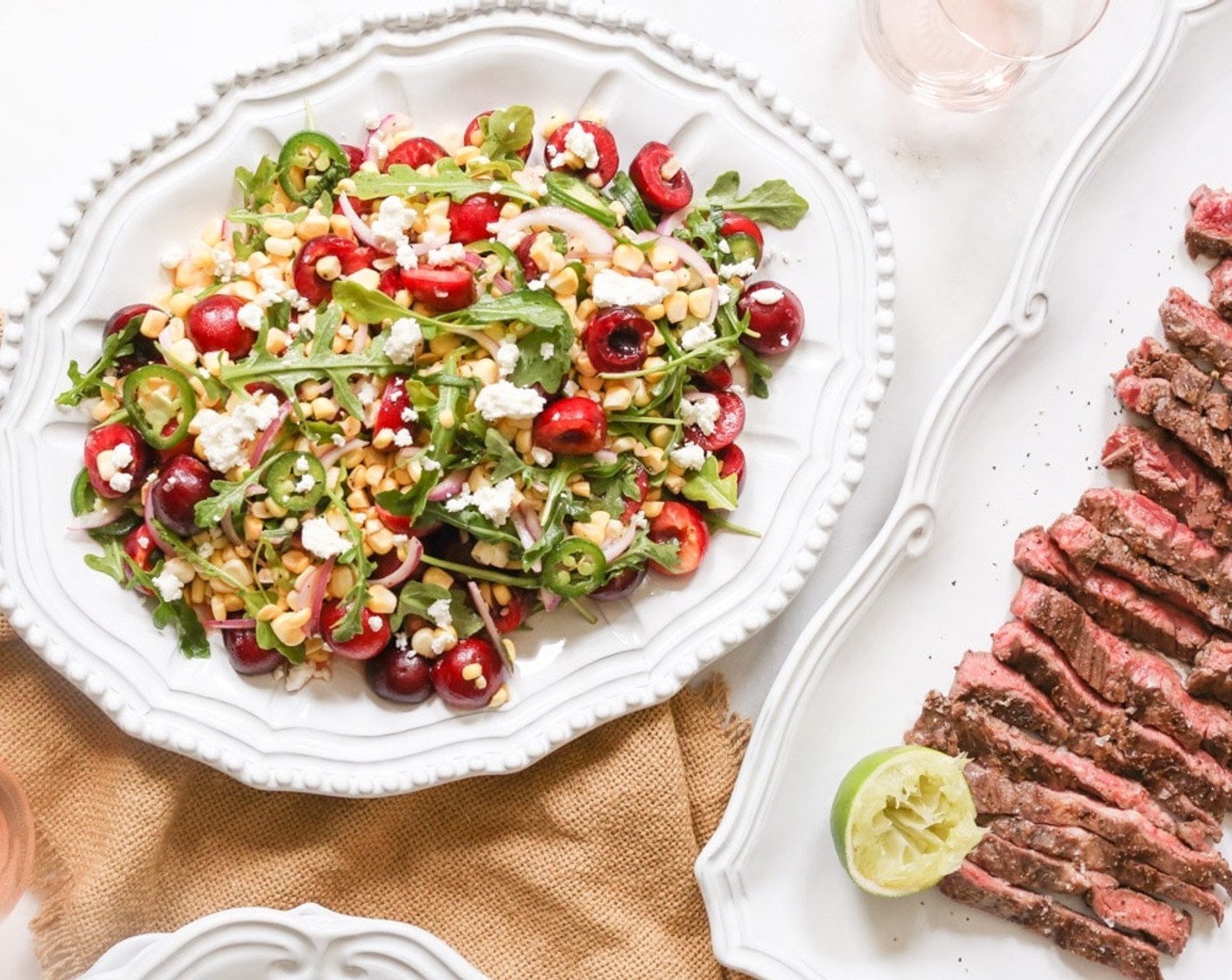 Marinated Steak with Sweet Corn and Cherry Salad