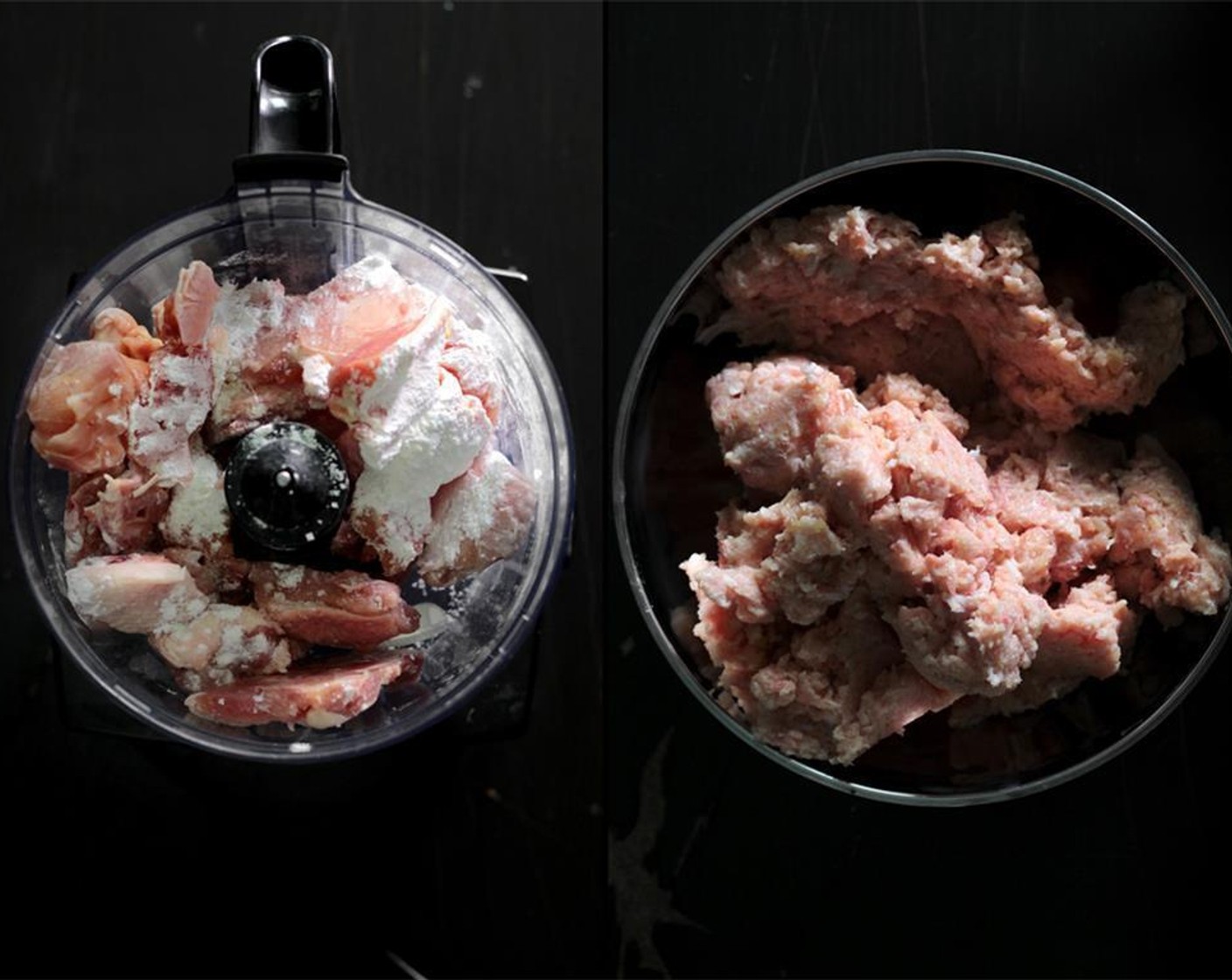 step 2 In a food-processor, add the chicken, Corn Starch (2 tsp), Salt (1 tsp), and Ground Black Pepper (1/2 tsp). Pulse until the chicken is evenly cut into finely minced pieces, like beef tartar, but not fully “ground” into a paste.