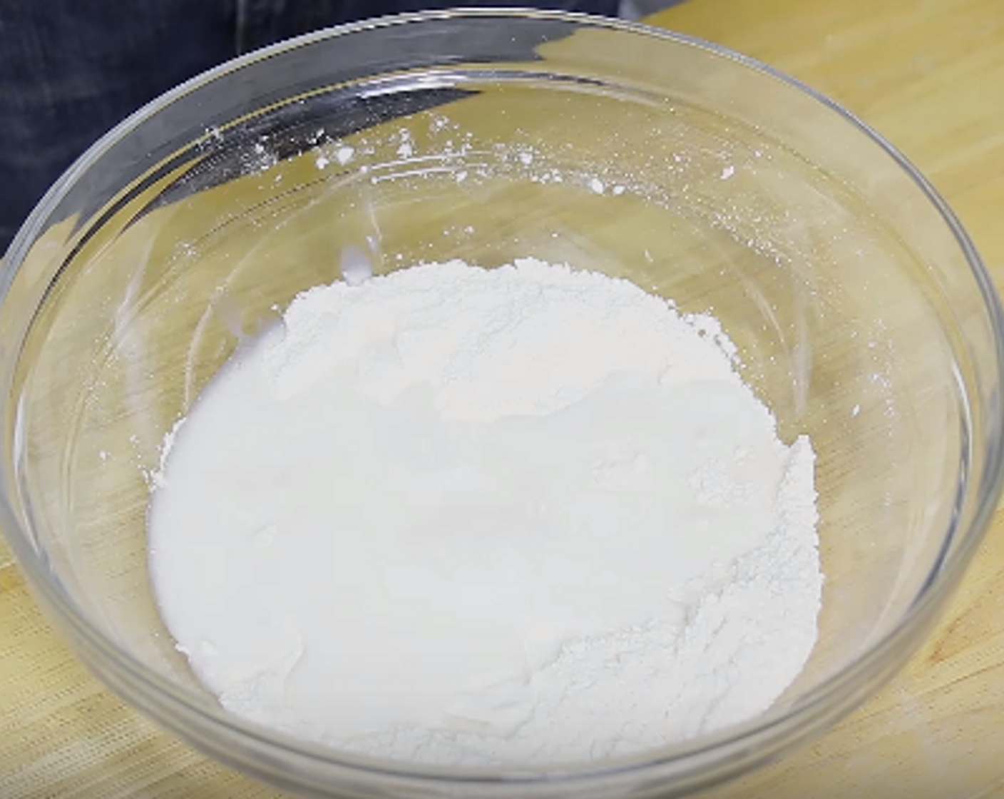 step 1 Mix All-Purpose Flour (3/4 cup), Cornmeal (1 Tbsp), Baking Powder (2 tsp), Salt (1 tsp) and Granulated Sugar (1 Tbsp) in a large bowl. Add Milk (3/4 cup) and stir.