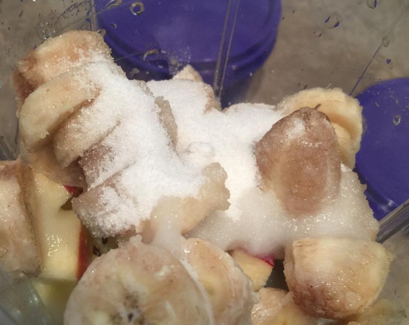 step 1 Add the Apple (1 cup), Banana (1 cup), Granulated Sugar (4 Tbsp), and Milk (1 cup) to blender. Blend it smoothly. If you find the smoothie to be very thick, add some Water (to taste) and blend again.