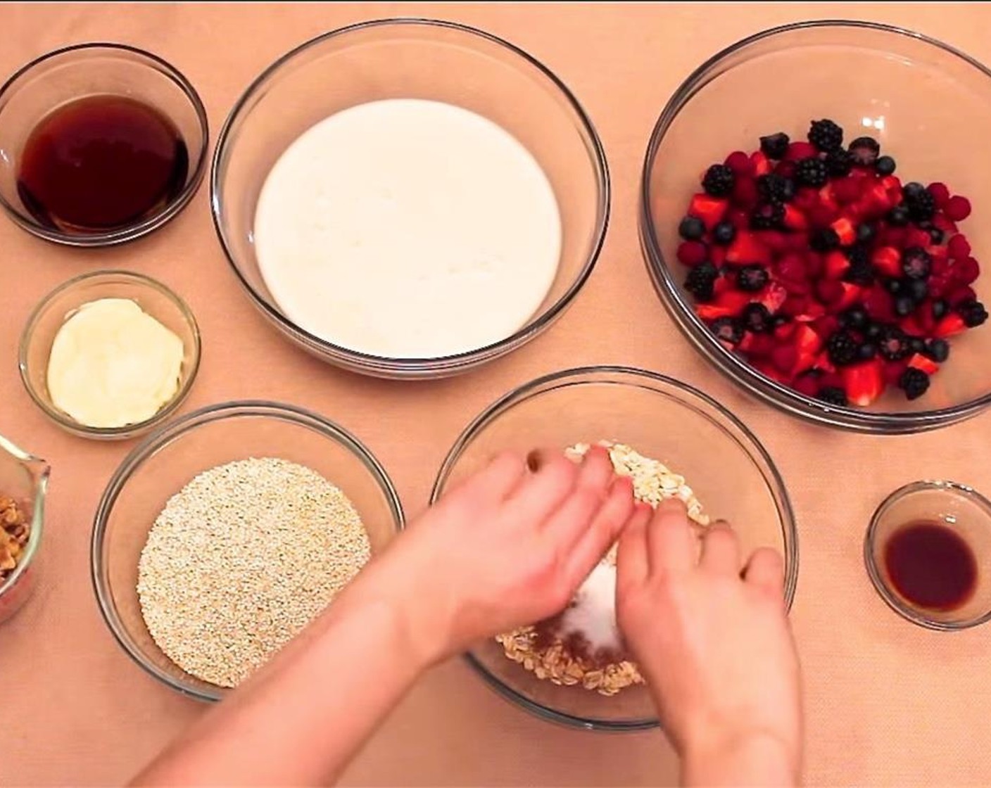 step 3 Mix together the Quinoa (1 cup), Oats (1 cup), Ground Cinnamon (1 tsp), Baking Powder (1 tsp),Sea Salt (1/2 tsp) and half the toasted walnuts.