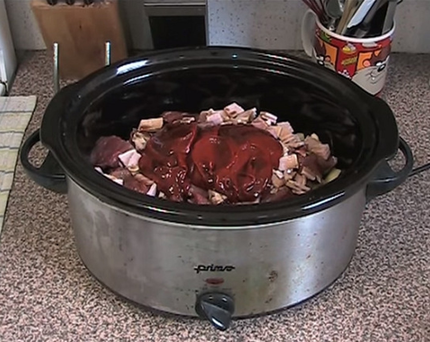 step 1 To crock pot basin, add in Yellow Onion (1), Garlic (1 clove), Carrot (1), Potatoes (3), Beef Steak (1.1 lb), Short Cut Rindless Bacon Slices (6), Tomato Paste (1 cup), and Worcestershire Sauce (1 Tbsp), and some Freshly Ground Black Pepper (to taste).
