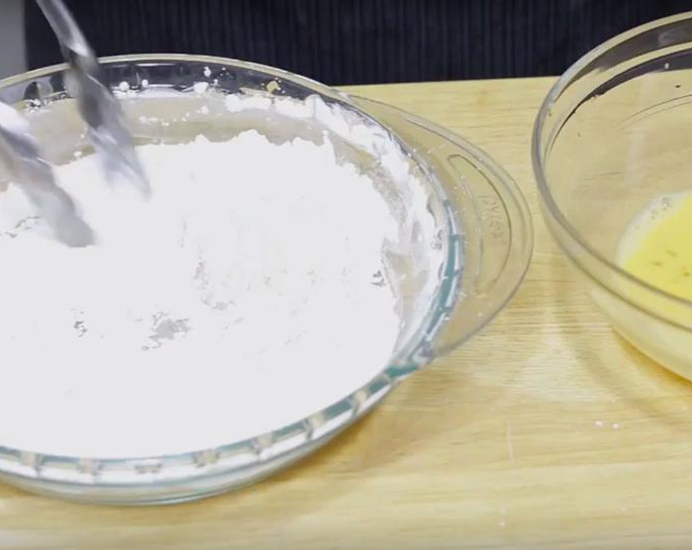 step 1 Set up dredging station: In one bowl add Eggs (2) and in a second bowl mix together cup Corn Starch (1/2 cup), All-Purpose Flour (4 Tbsp) and Salt (1 tsp). Coat Chicken Breast (1 lb) pieces in egg, then toss in cornstarch mixture, making sure to tap off any excess.