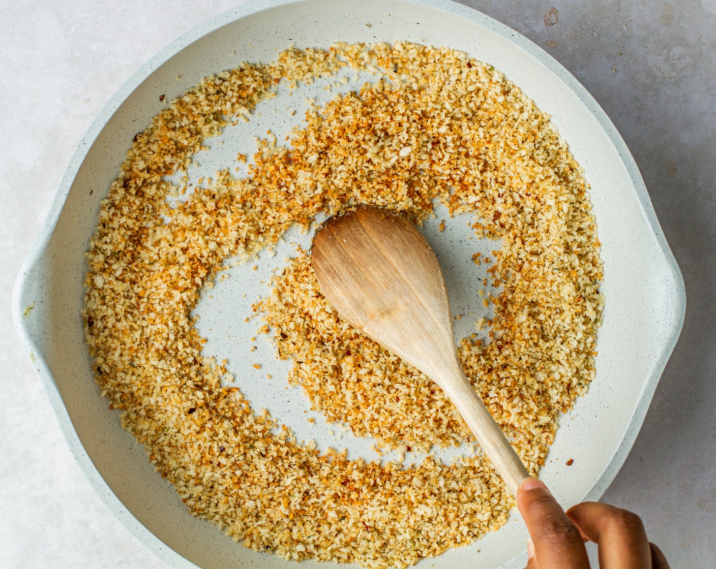step 1 Heat a large skillet over medium-high heat and add Unsalted Butter (1 Tbsp). Once melted, add Panko Breadcrumbs (1 cup), Crushed Red Pepper Flakes (1/2 tsp), Italian Seasoning (1/2 tsp), Garlic Powder (1/4 tsp), and Kosher Salt (1/8 tsp) and stir for 2-3 minutes or until golden brown.