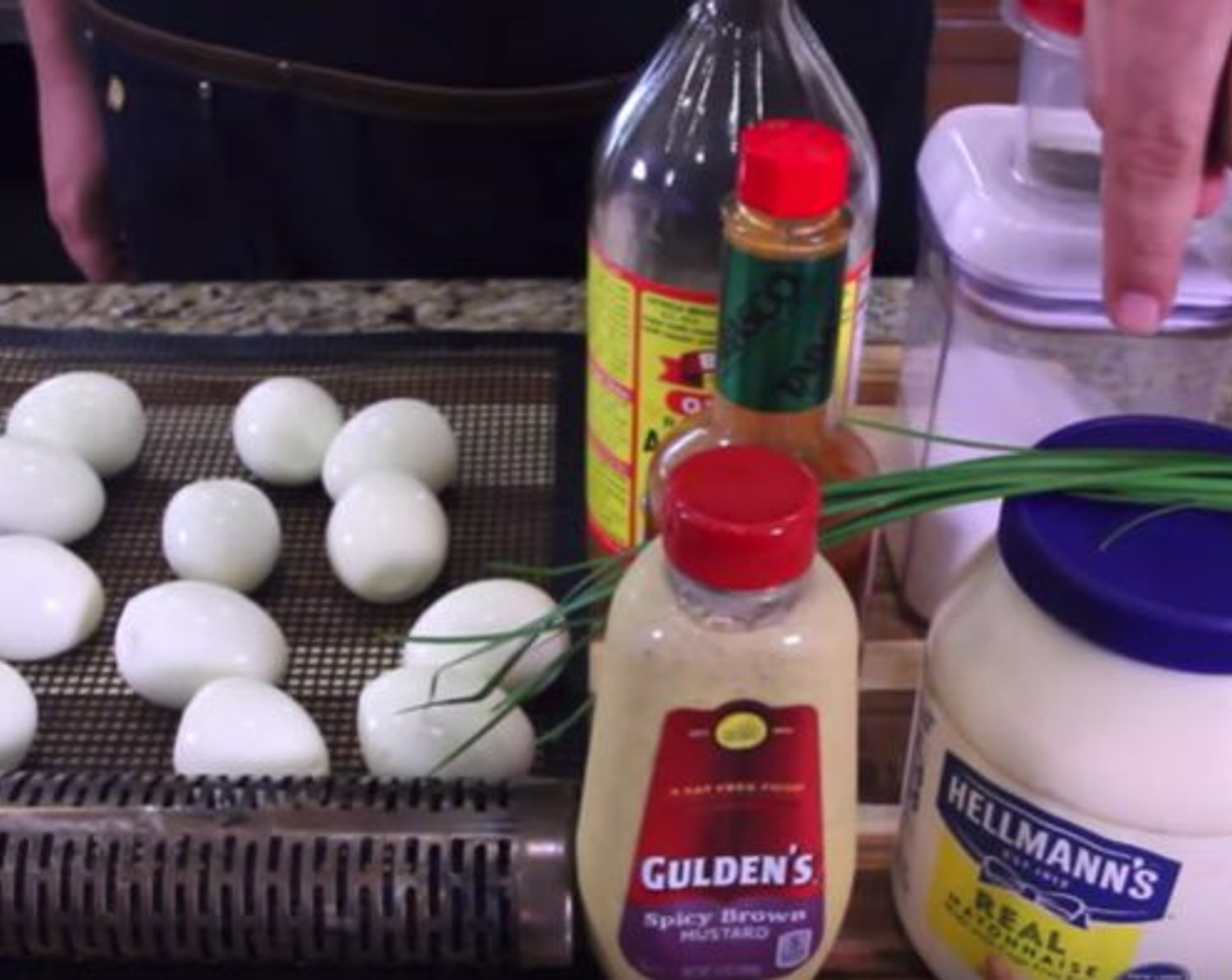 step 1 Bring a large pot of water to boil, add Eggs (12) cook for 9 minutes. Remove and rinse in cold water, then peel. Place the hardboiled eggs on a smoker mat and assemble your ingredients.