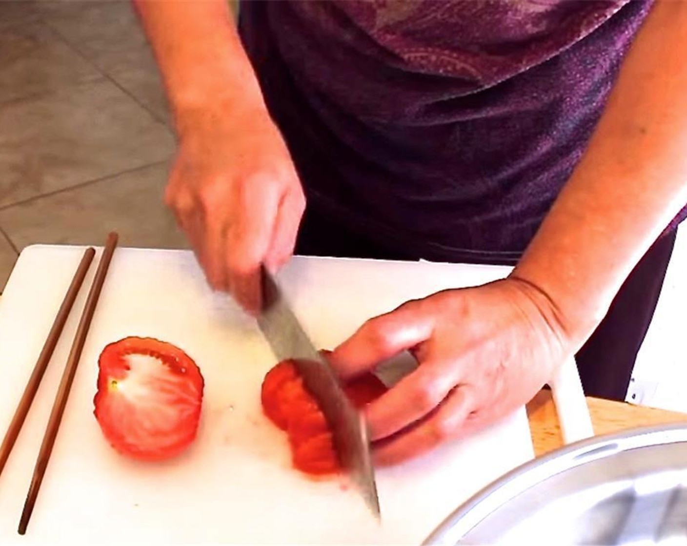 step 1 Dice the Scallions (2 tsp). Blanch the Tomatoes (2) in boiling water to peel off their skins for a few seconds, then cut them into chunks.
