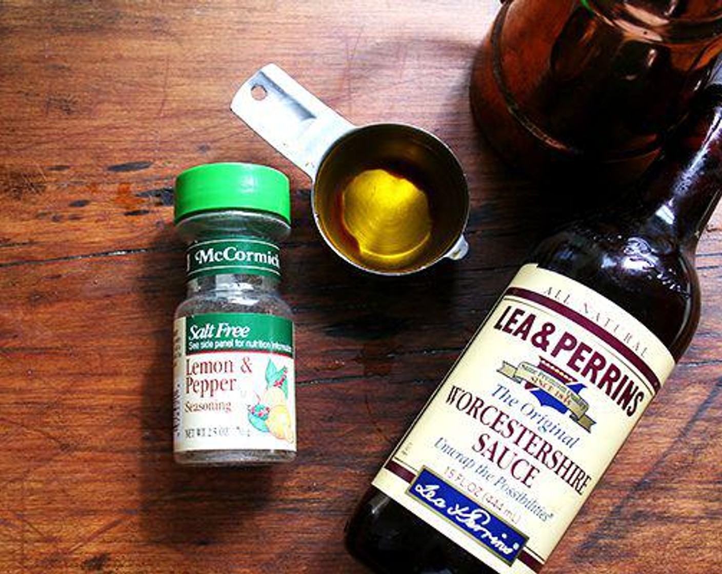 step 1 Whisk together Worcestershire Sauce (4 Tbsp) and Extra-Virgin Olive Oil (4 Tbsp) a bowl or in a vessel in which you plan on using to marinate the steaks.