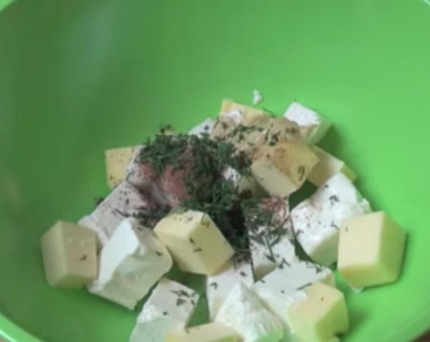 step 1 Put Cream Cheese (1/2 cup), Butter (2 oz), Mayonnaise (1 Tbsp), Dijon Mustard (1 tsp), juice from Lemon (1), Ground Nutmeg (1/2 tsp) and Fresh Dill (1 Tbsp) into a bowl.