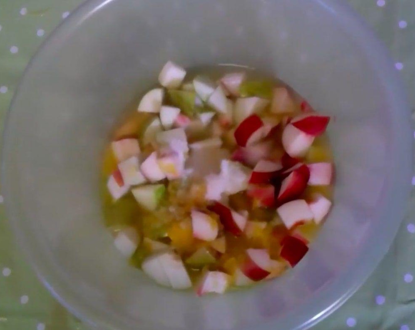 step 1 Cut Peaches (2), Apple (1) and Pear (1) into cubes and place into jar.