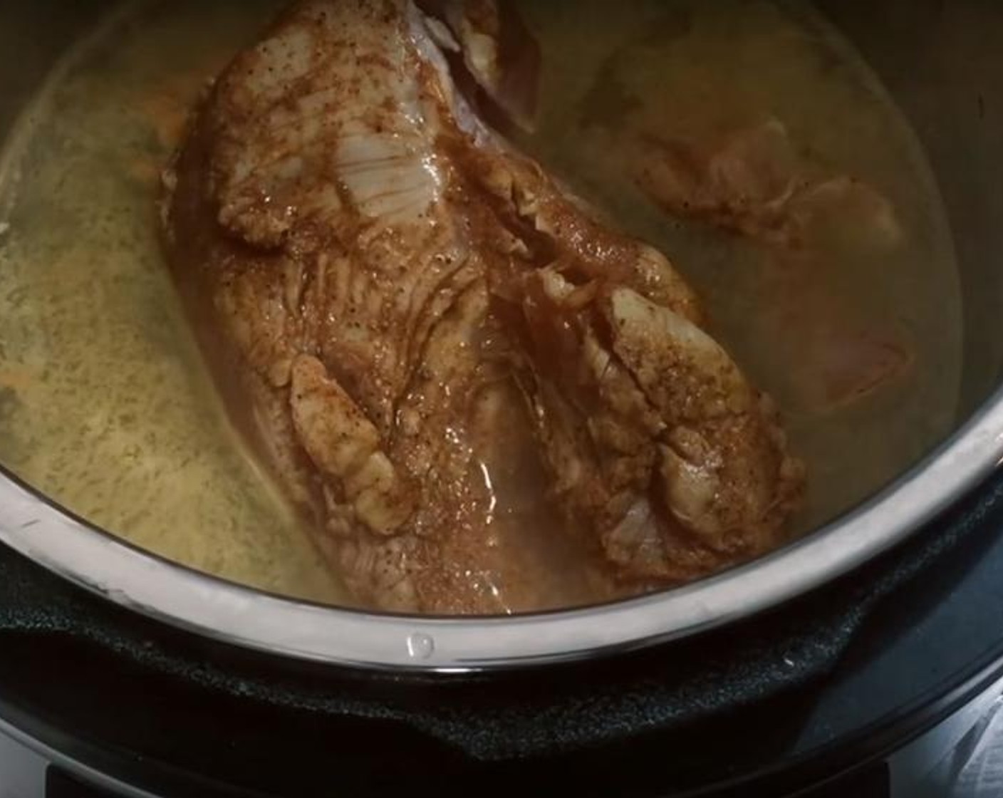 step 1 Season Chicken Breast (1) with Sea Salt (to taste) and Ground Black Pepper (to taste), Paprika (1 Tbsp) and Garlic Powder (2 tsp) and put it in the pressure cooker. Add Chicken Stock (4 cups). Cook it on the soup setting for 25 minutes.