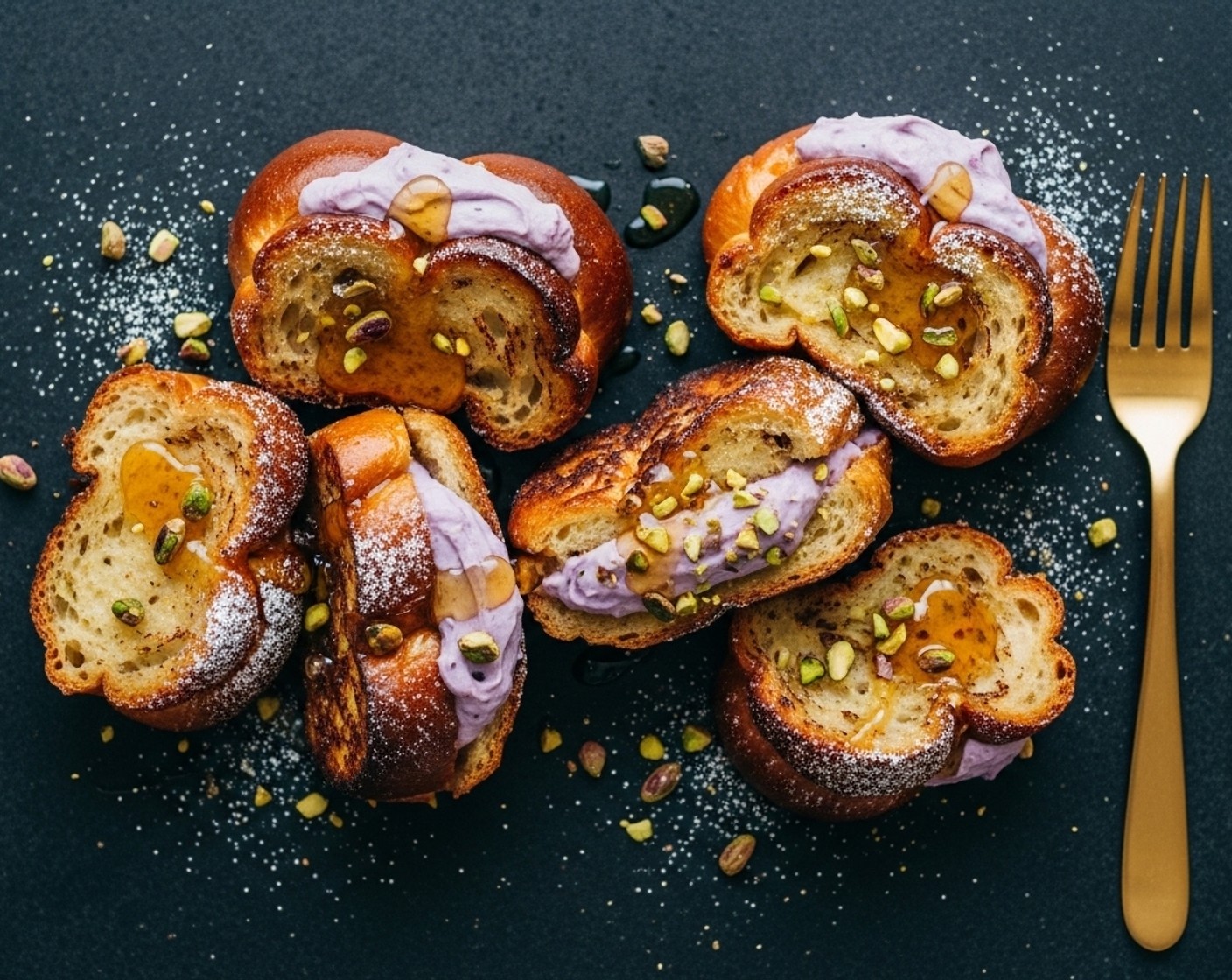 Pistachio Cherry Cream Stuffed French Toast