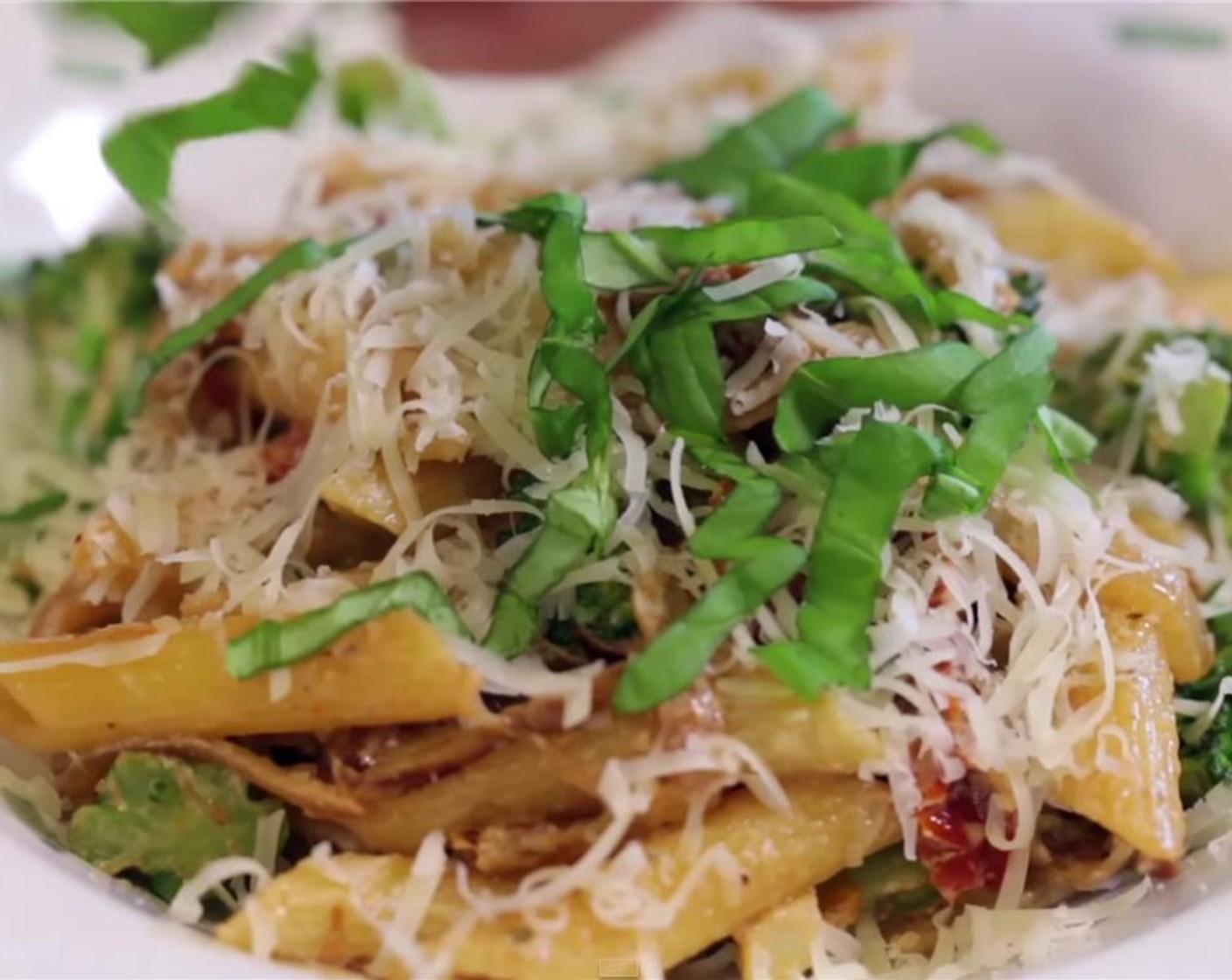 step 11 Garnish with grated Parmesan Cheese (4 Tbsp) and slices of fresh Fresh Basil Leaves (2).