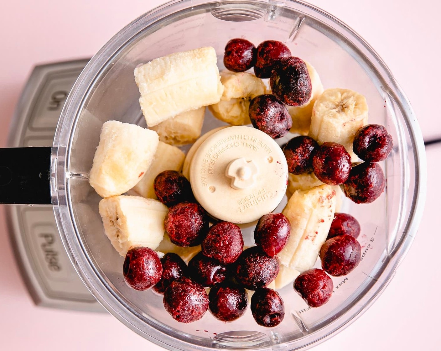 step 3 Place the banana chunks, 1 cup of the cherries and a splash of Unsweetened Coconut Milk (1 Tbsp) into blender/food processor and blend until just combined.