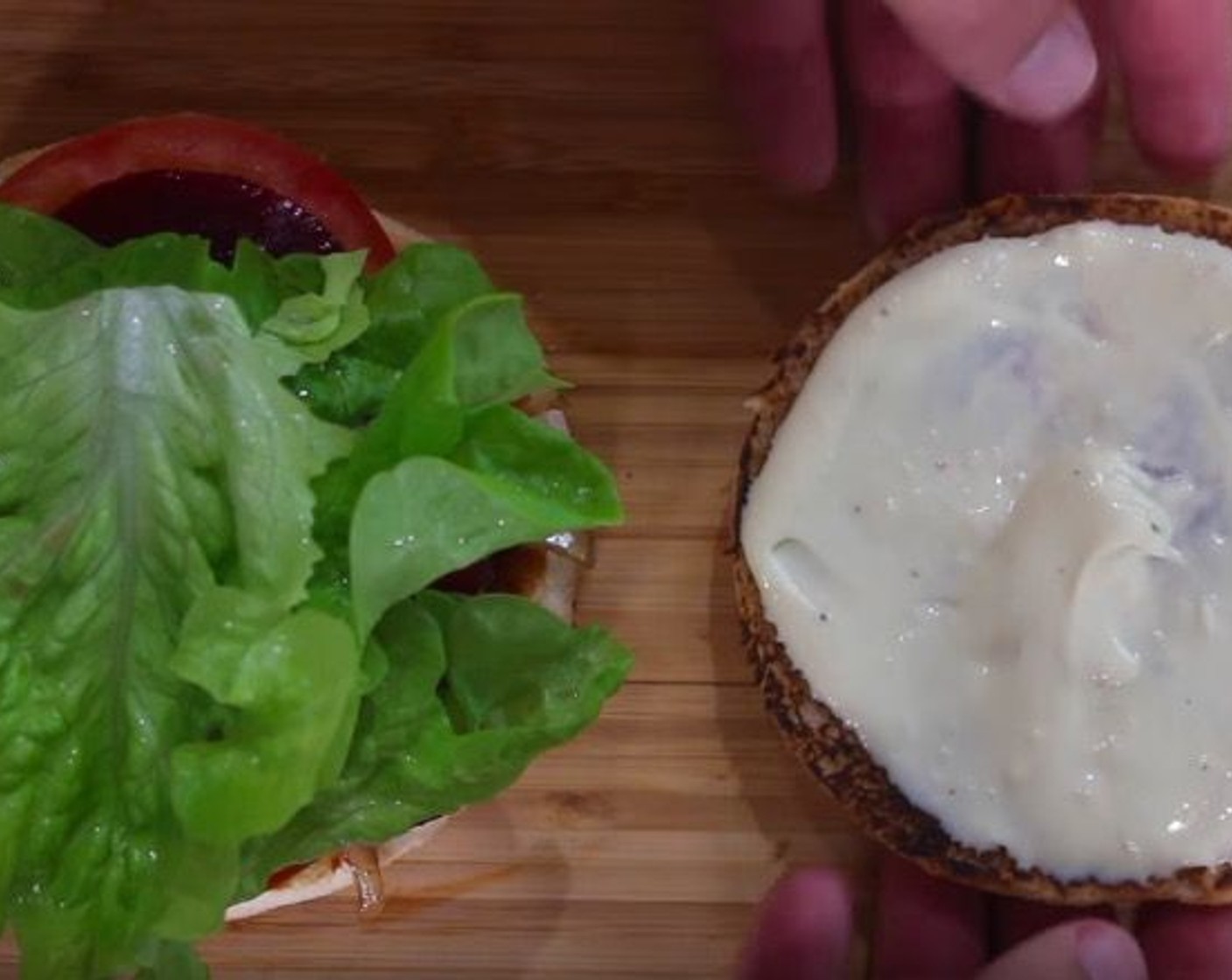 step 10 Lay out Hamburger Buns (3). On the heel bun, place the chili sauce and tomato chutney mixture, grilled onions, the patty with cheese, bacon, Tomatoes (to taste), Beets (to taste), and Lettuce (to taste). On the crown, spread mayonnaise.
