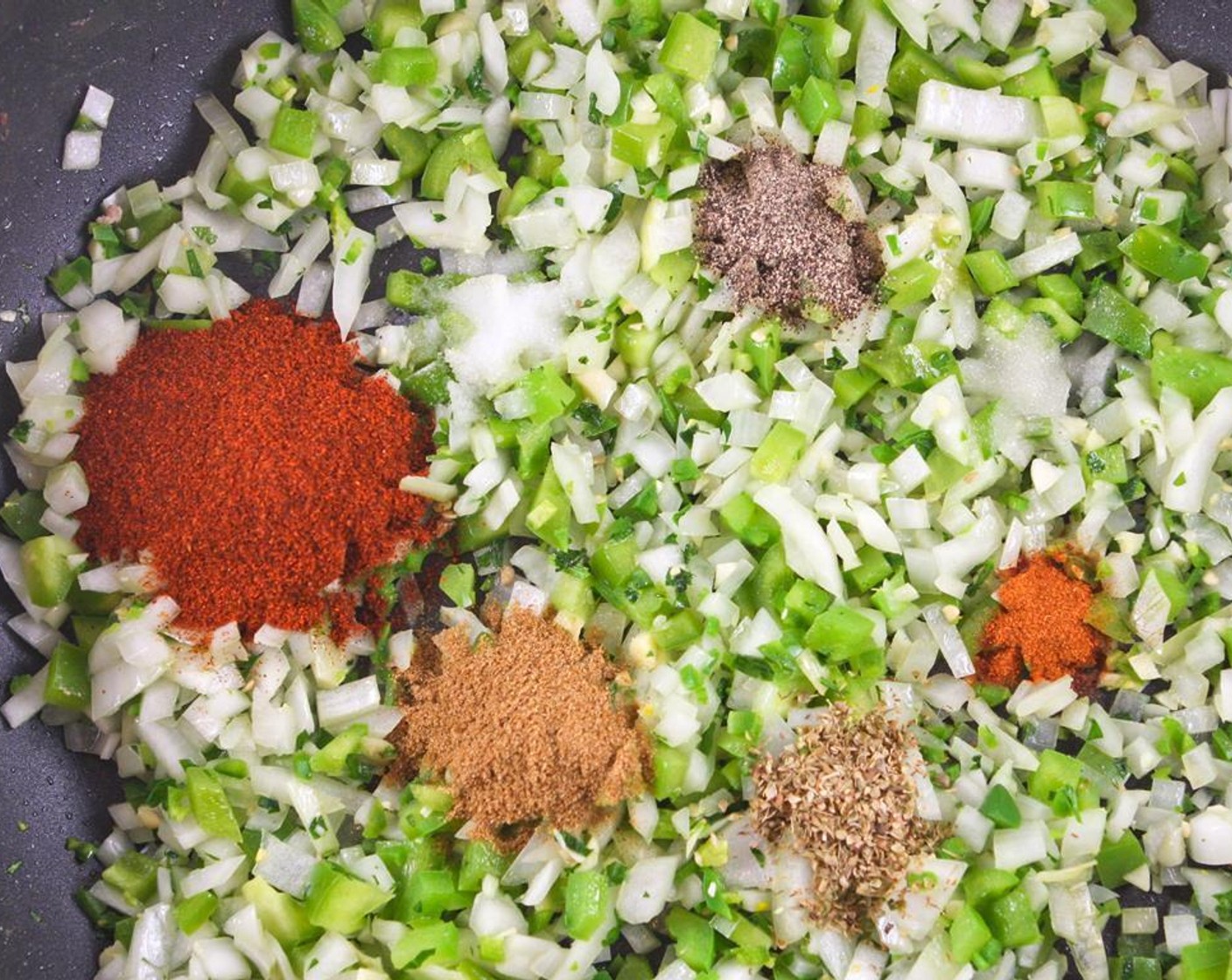step 3 Remove from heat and add the Chili Powder (3 Tbsp), Ground Cumin (2 tsp), Granulated Sugar (1 tsp), Fresh Oregano (1 tsp), Salt (1 tsp), Ground Black Pepper (1 tsp) and Cayenne Pepper (1/4 tsp). Stir until combined.